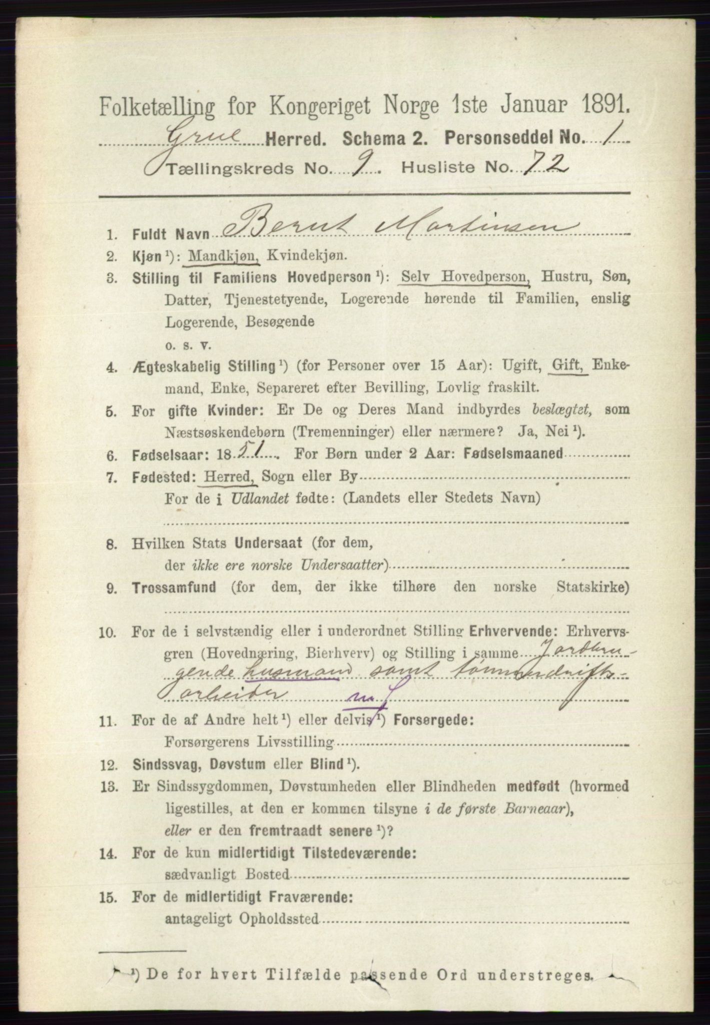 RA, 1891 census for 0423 Grue, 1891, p. 5287