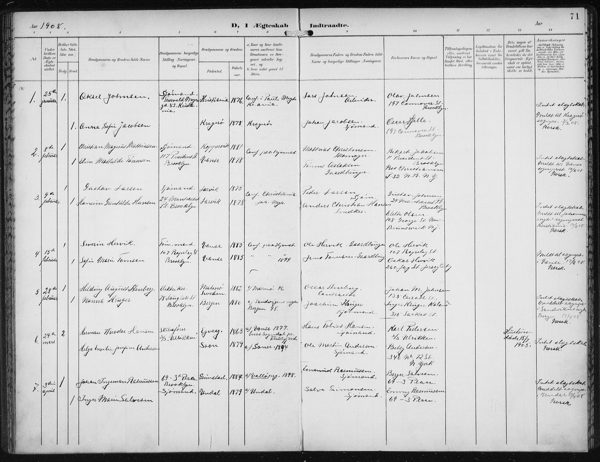Den norske sjømannsmisjon i utlandet/New York, SAB/SAB/PA-0110/H/Ha/L0005: Parish register (official) no. A 5, 1902-1908, p. 71