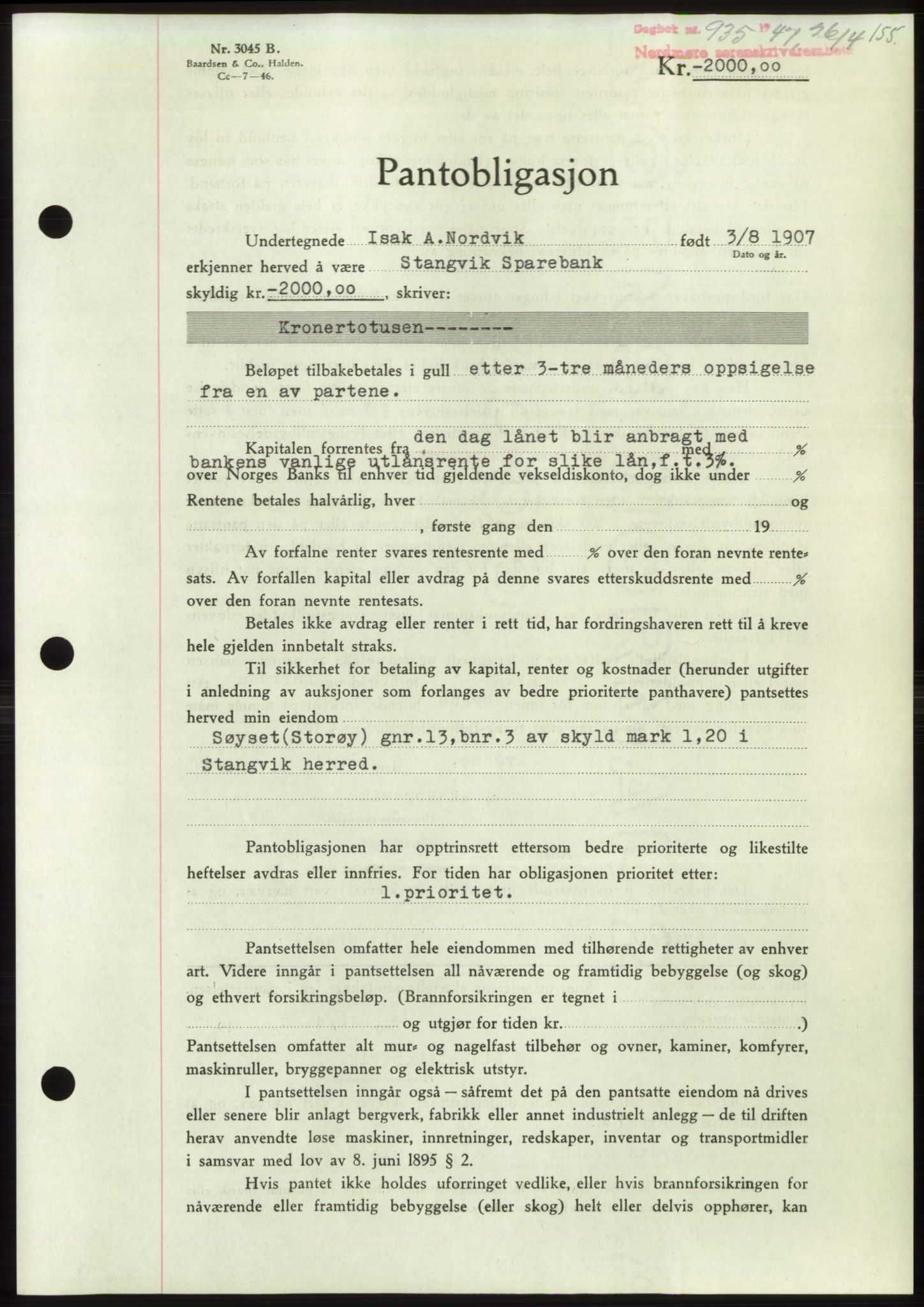 Nordmøre sorenskriveri, AV/SAT-A-4132/1/2/2Ca: Mortgage book no. B96, 1947-1947, Diary no: : 935/1947