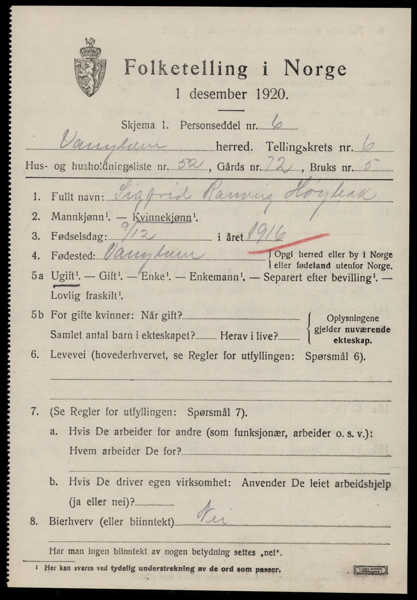 SAT, 1920 census for Vanylven, 1920, p. 4013