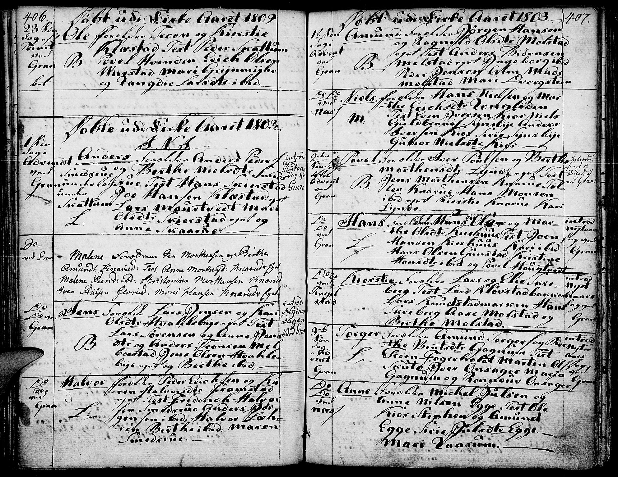 Gran prestekontor, SAH/PREST-112/H/Ha/Haa/L0006: Parish register (official) no. 6, 1787-1824, p. 406-407