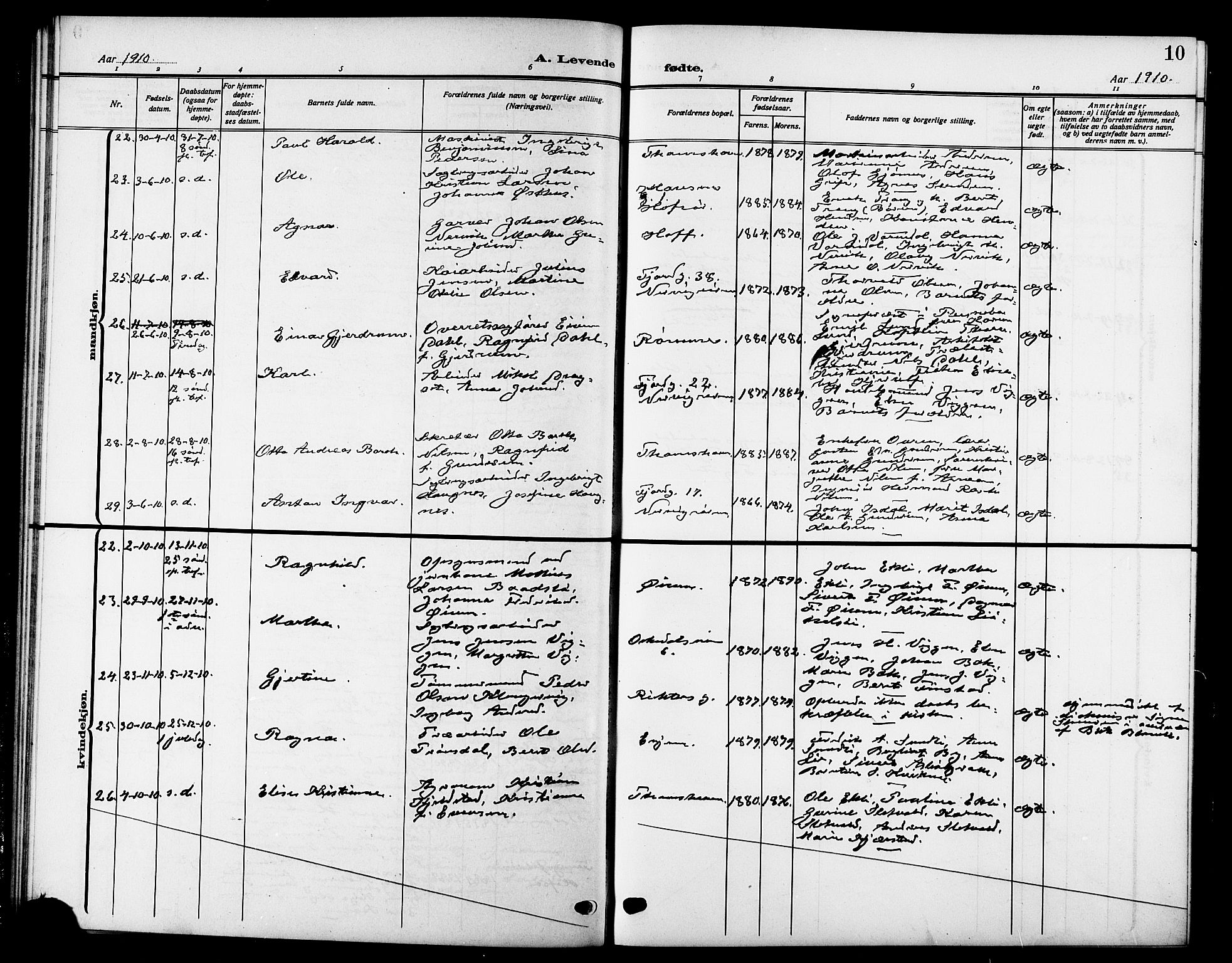 Ministerialprotokoller, klokkerbøker og fødselsregistre - Sør-Trøndelag, AV/SAT-A-1456/669/L0831: Parish register (copy) no. 669C01, 1909-1924, p. 10
