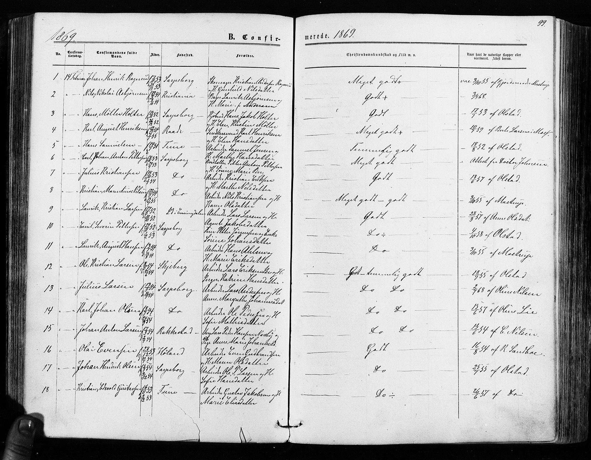 Sarpsborg prestekontor Kirkebøker, SAO/A-2006/F/Fa/L0002: Parish register (official) no. 2, 1869-1877, p. 99