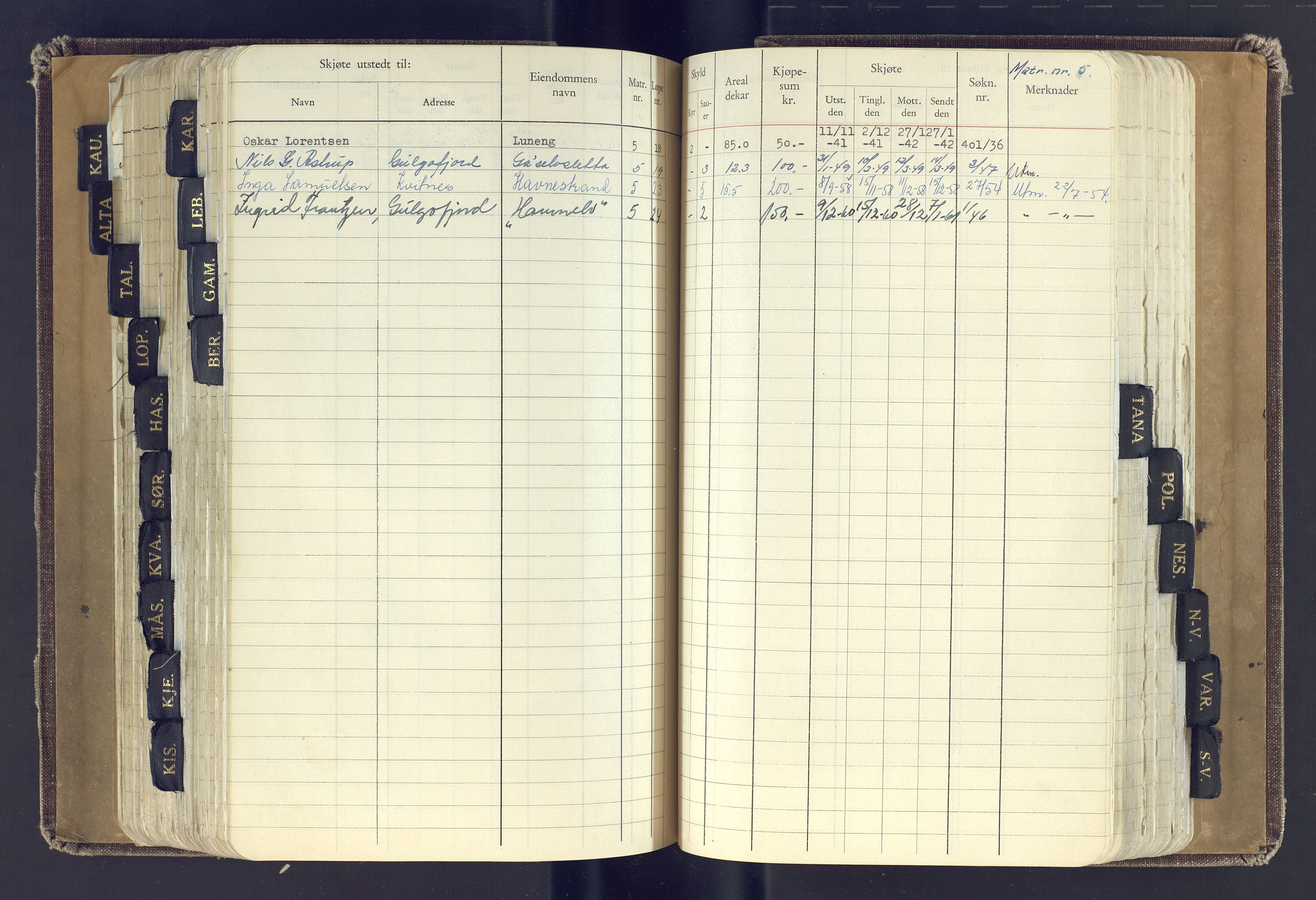 Finnmark jordsalgskommisjon/jordsalgskontor og Statskog SF Finnmark jordsalgskontor, AV/SATØ-S-1443/J/Jc/L0001: Skjøtebok, 1932-1983