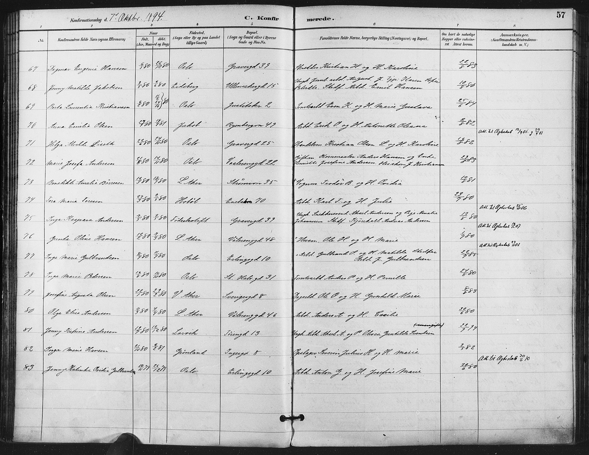 Gamlebyen prestekontor Kirkebøker, AV/SAO-A-10884/F/Fa/L0008: Parish register (official) no. 8, 1891-1908, p. 57