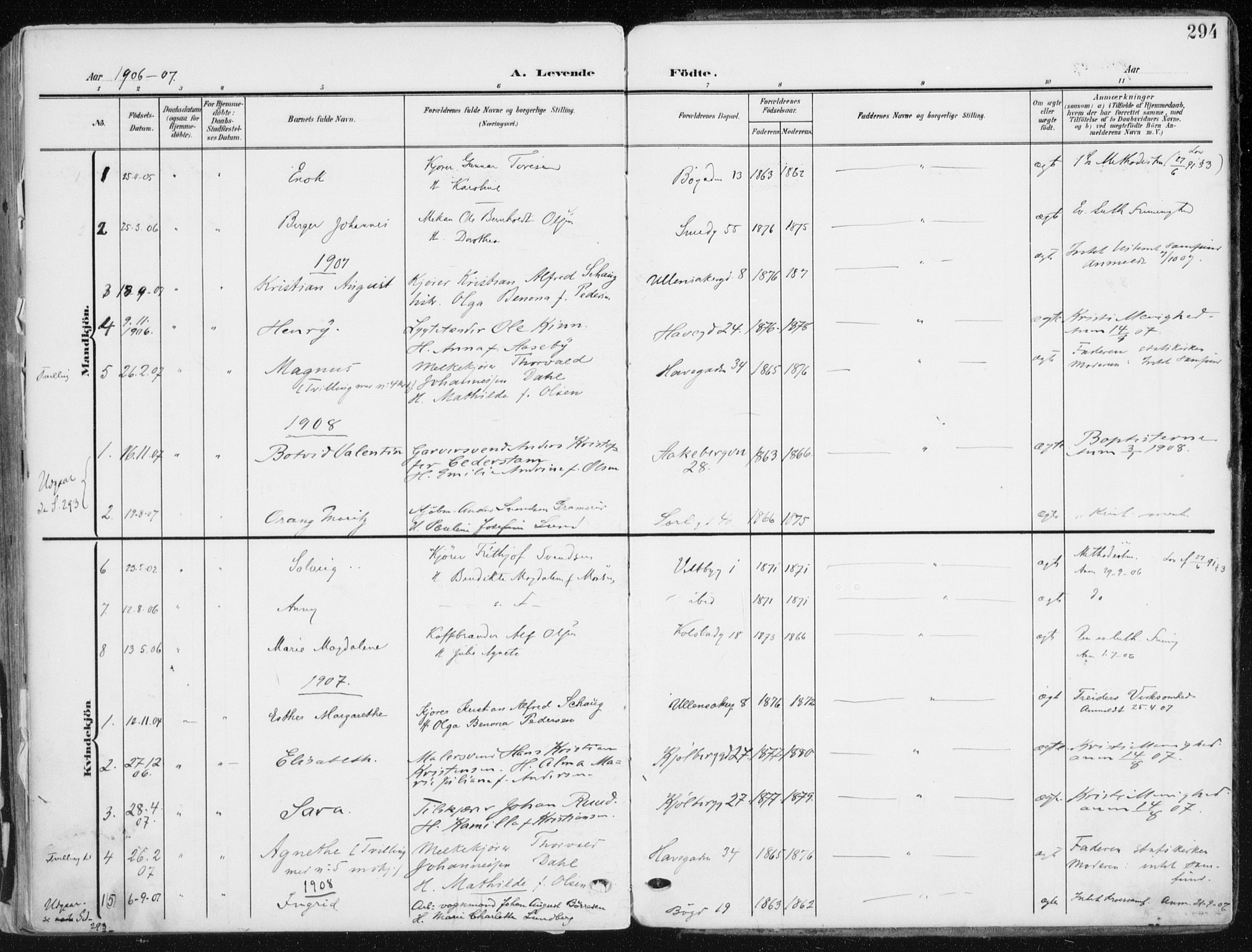 Kampen prestekontor Kirkebøker, SAO/A-10853/F/Fa/L0010: Parish register (official) no. I 10, 1905-1917, p. 294