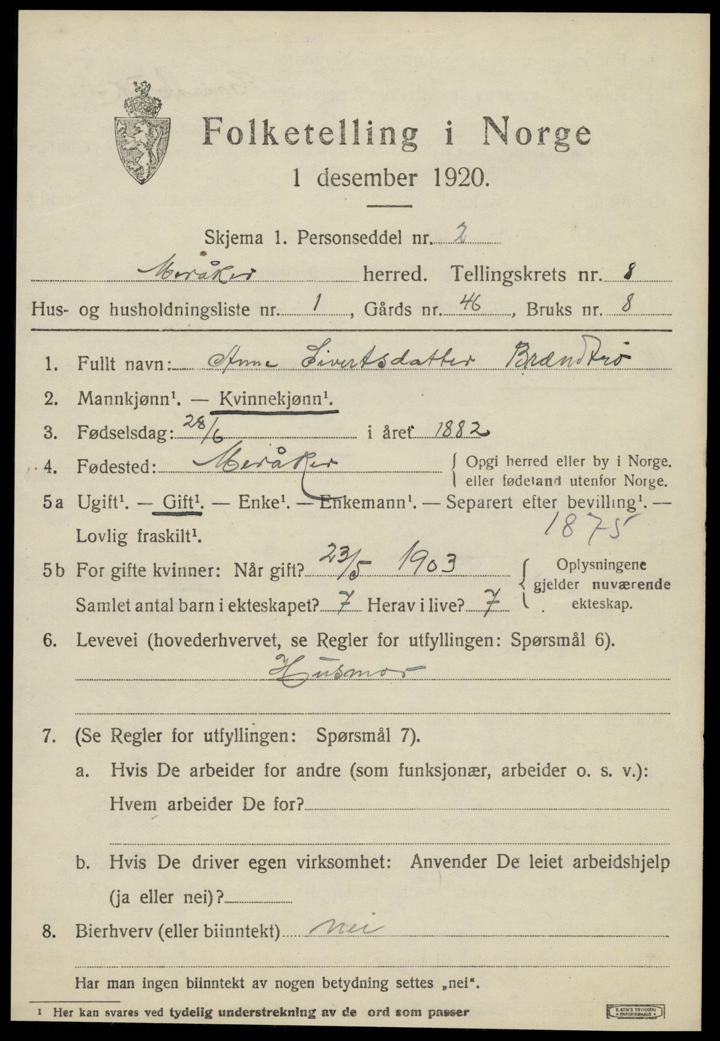 SAT, 1920 census for Meråker, 1920, p. 5976