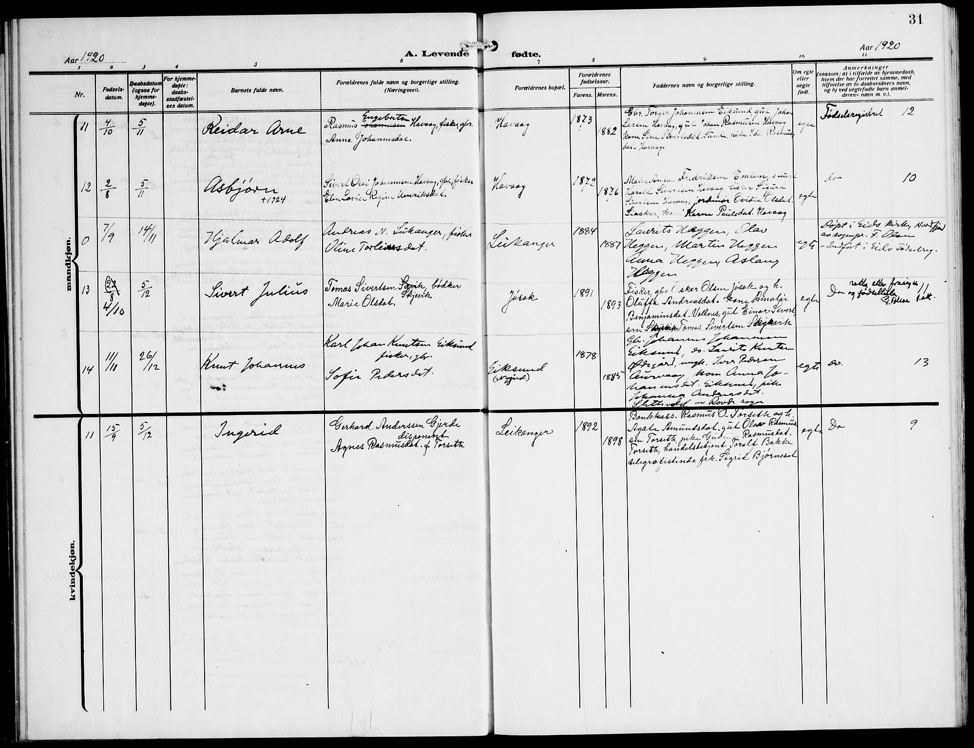 Ministerialprotokoller, klokkerbøker og fødselsregistre - Møre og Romsdal, AV/SAT-A-1454/508/L0096: Parish register (official) no. 508A03, 1911-1920, p. 31