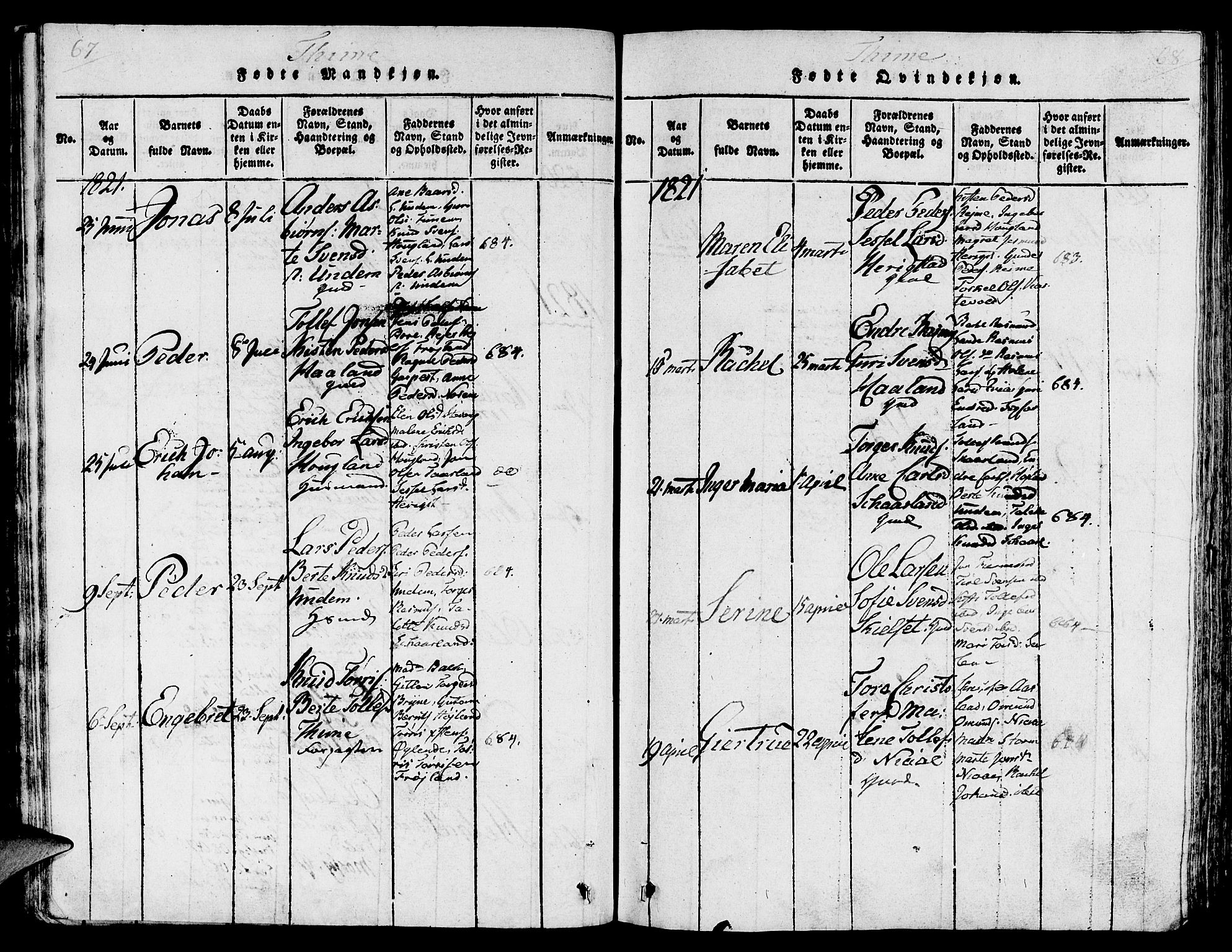 Lye sokneprestkontor, AV/SAST-A-101794/001/30/30BA/L0003: Parish register (official) no. A 3 /1, 1816-1826, p. 67-68