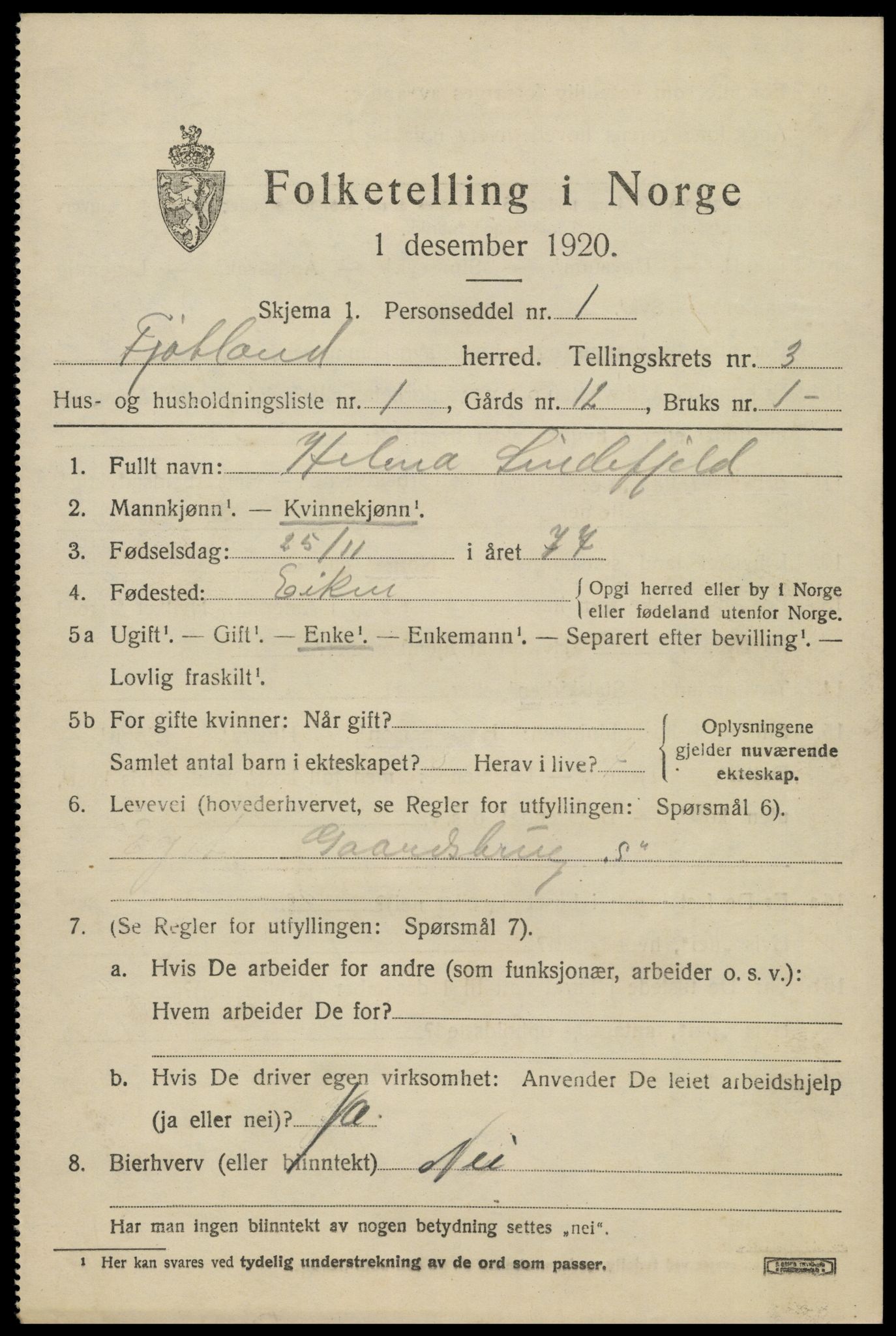 SAK, 1920 census for Fjotland, 1920, p. 930