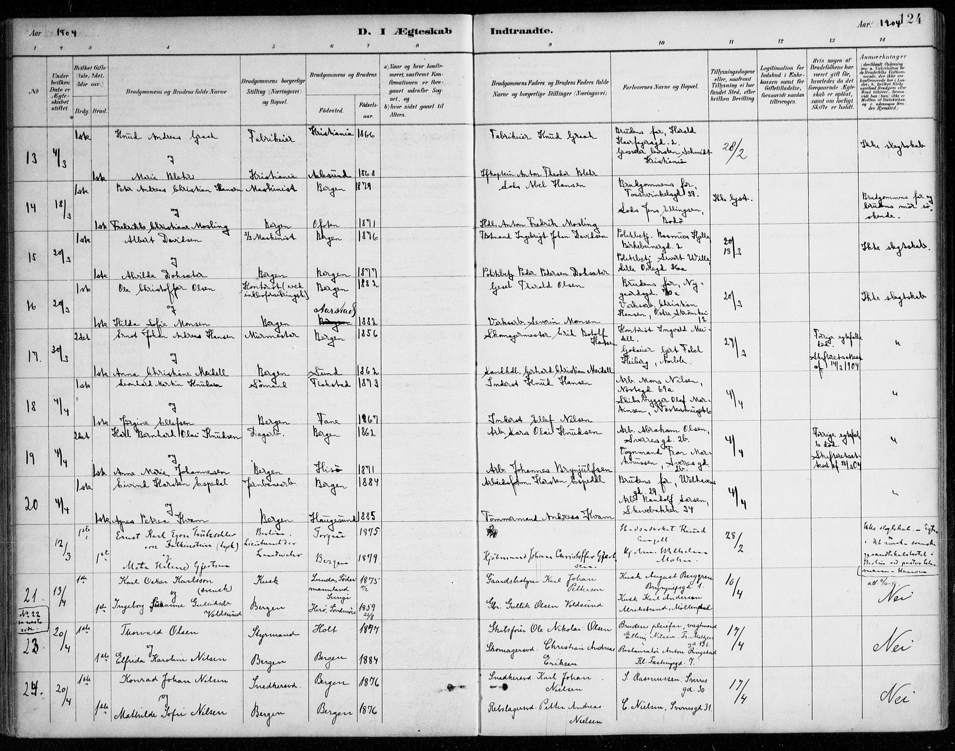 Johanneskirken sokneprestembete, AV/SAB-A-76001/H/Haa/L0012: Parish register (official) no. D 1, 1885-1912, p. 124