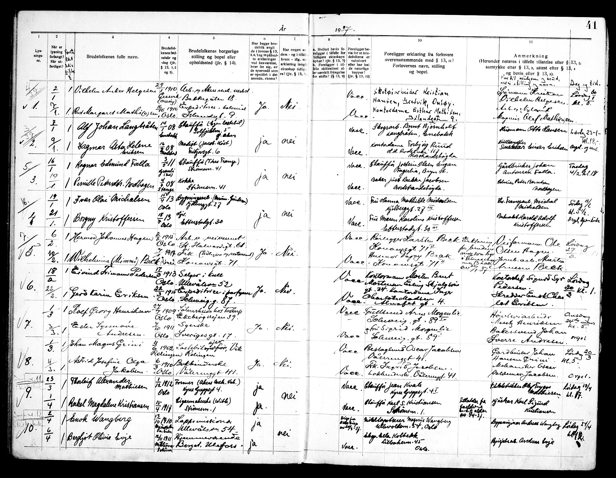 Vålerengen prestekontor Kirkebøker, AV/SAO-A-10878/H/Ha/L0004: Banns register no. 4, 1932-1947, p. 41