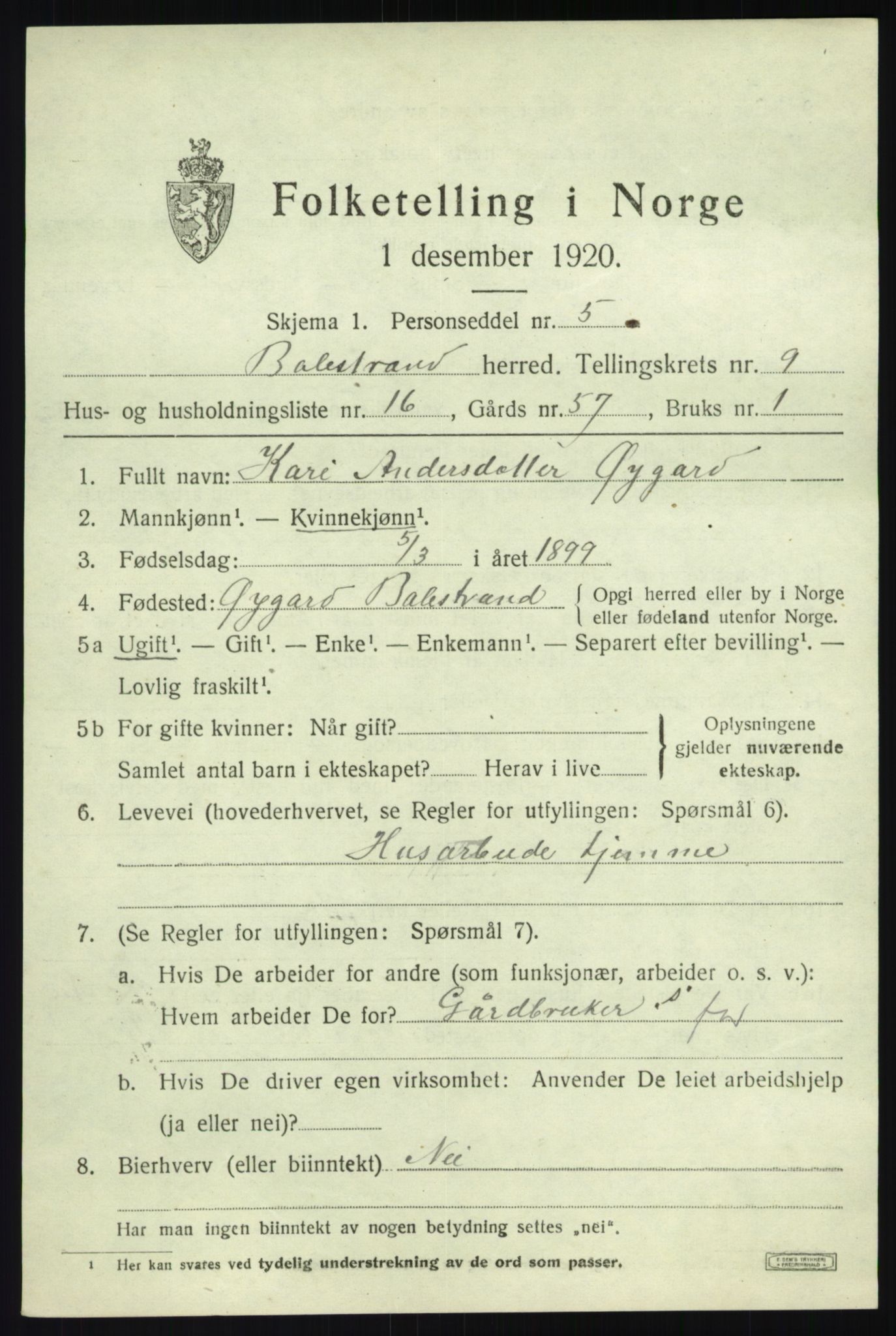 SAB, 1920 census for Balestrand, 1920, p. 4142