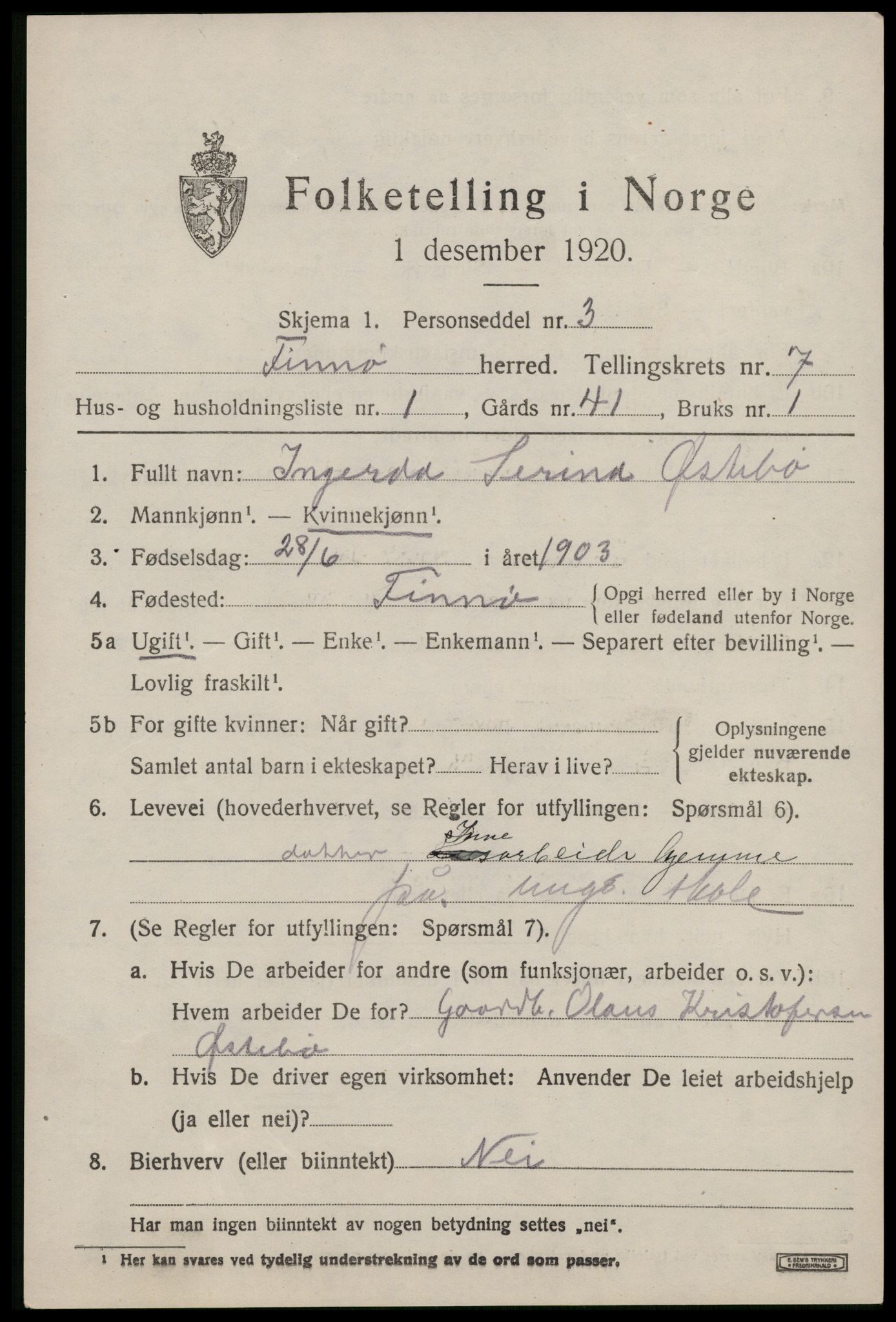 SAST, 1920 census for Finnøy, 1920, p. 3534