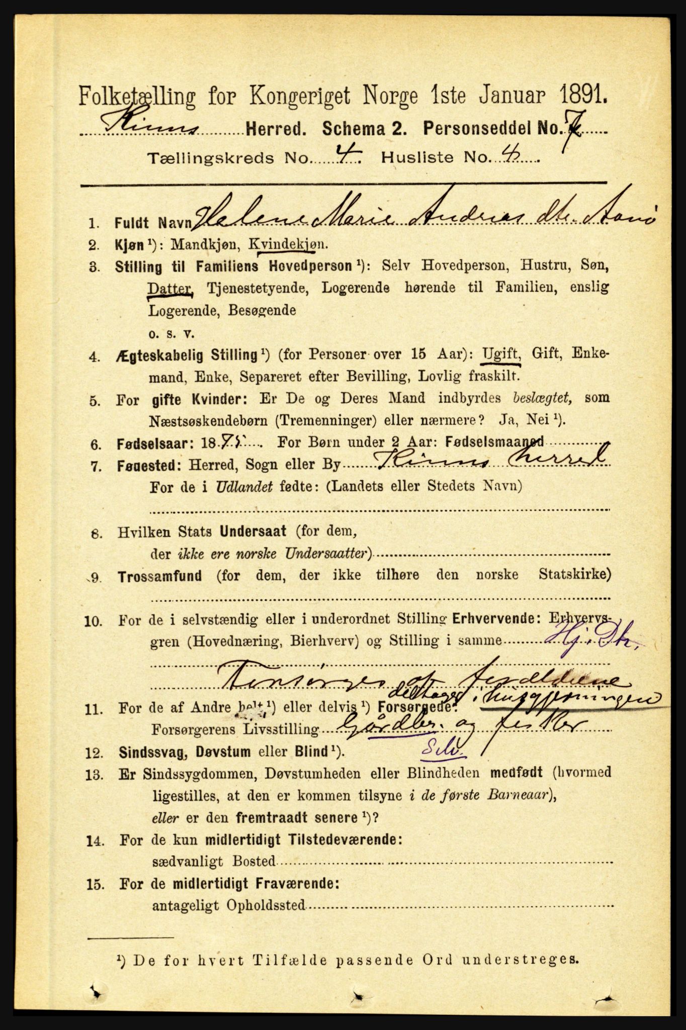 RA, 1891 census for 1437 Kinn, 1891, p. 1346