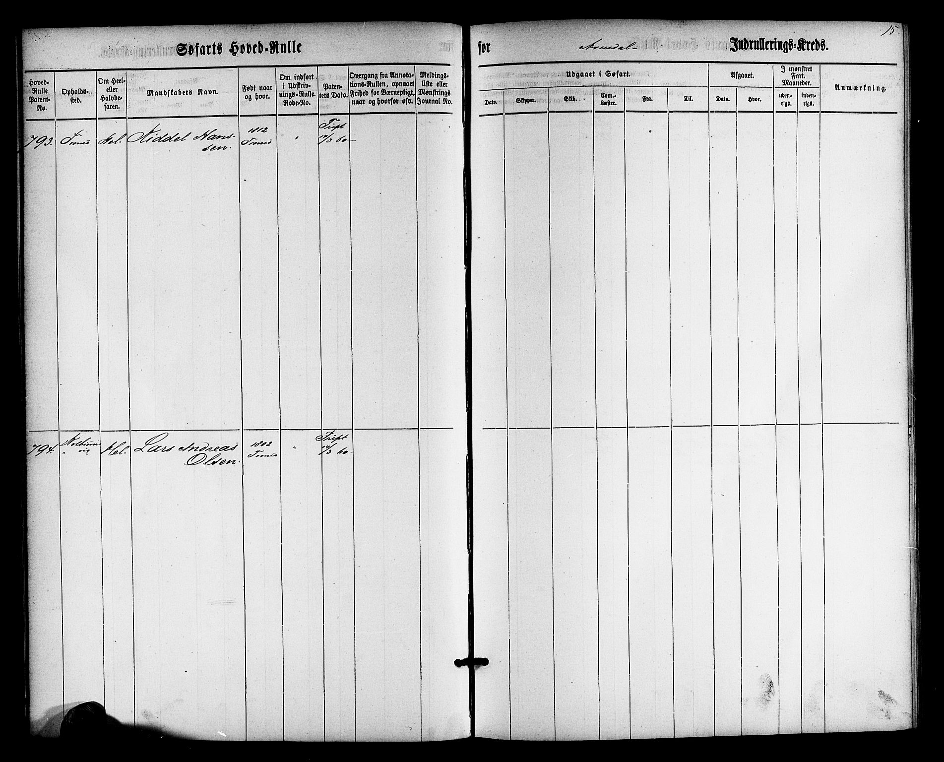 Arendal mønstringskrets, AV/SAK-2031-0012/F/Fb/L0009: Hovedrulle nr 767-1532, S-7, 1857-1864, p. 15