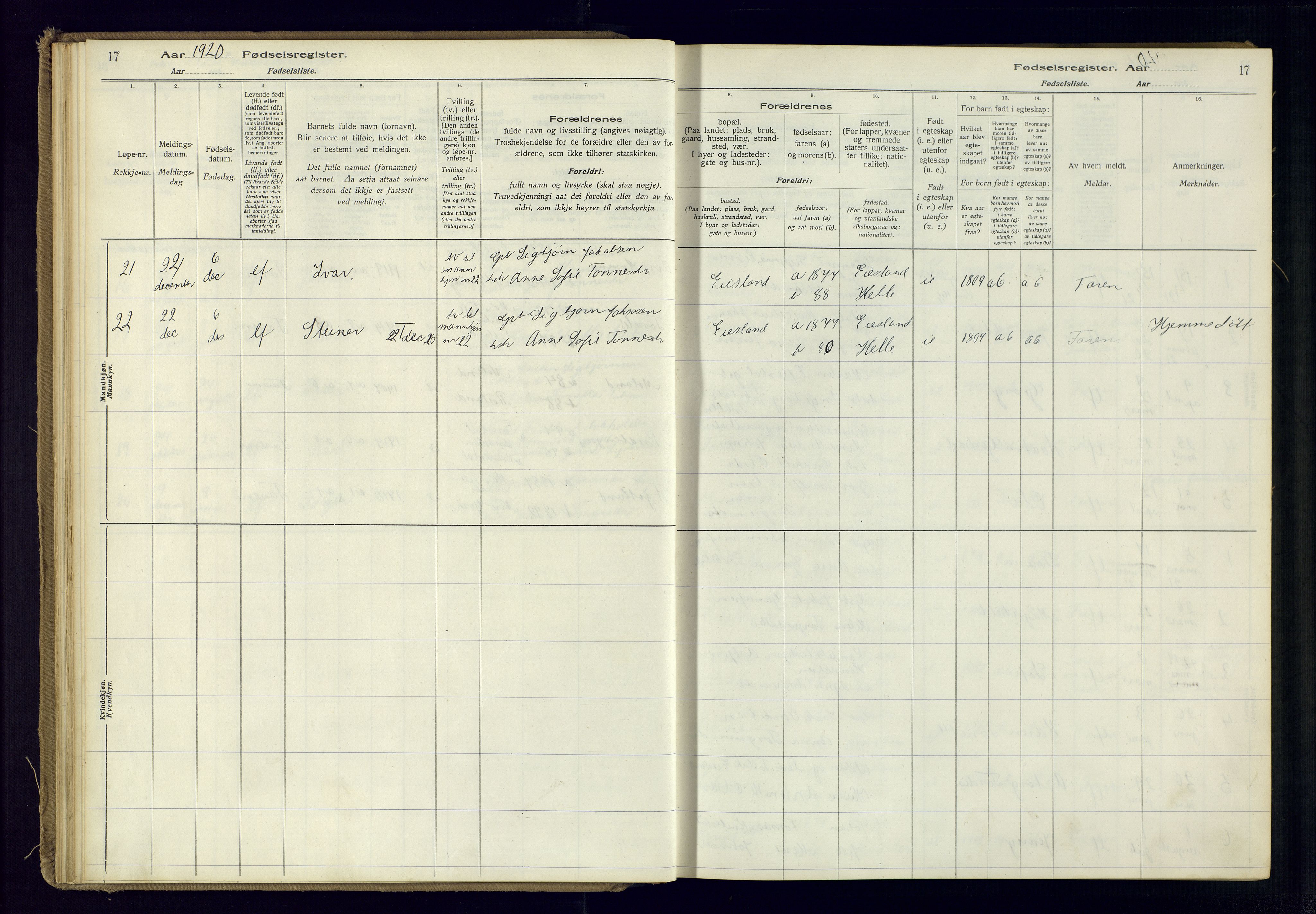 Fjotland sokneprestkontor, AV/SAK-1111-0010/J/Ja/L0001: Birth register no. 1, 1916-1981, p. 17