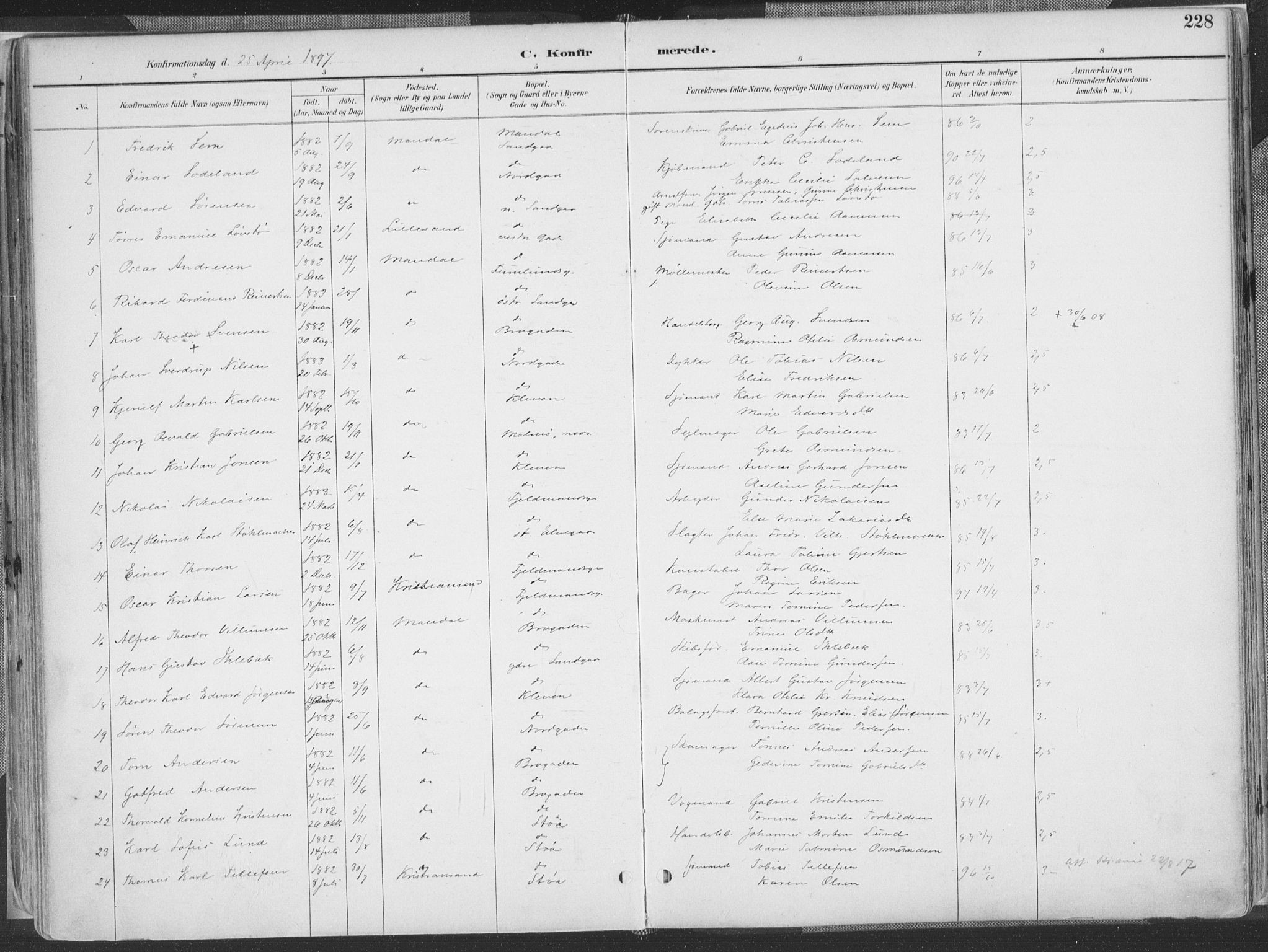 Mandal sokneprestkontor, AV/SAK-1111-0030/F/Fa/Faa/L0018: Parish register (official) no. A 18, 1890-1905, p. 228