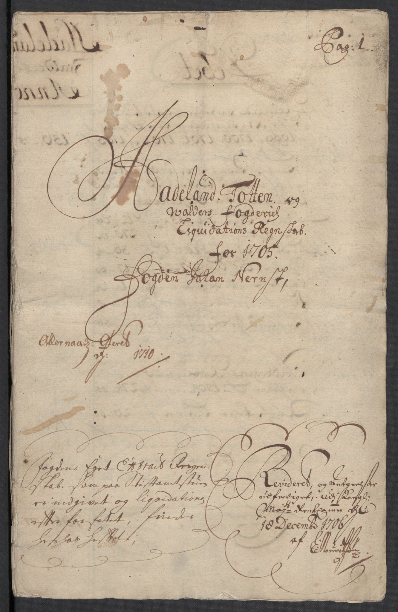 Rentekammeret inntil 1814, Reviderte regnskaper, Fogderegnskap, AV/RA-EA-4092/R18/L1303: Fogderegnskap Hadeland, Toten og Valdres, 1705, p. 3