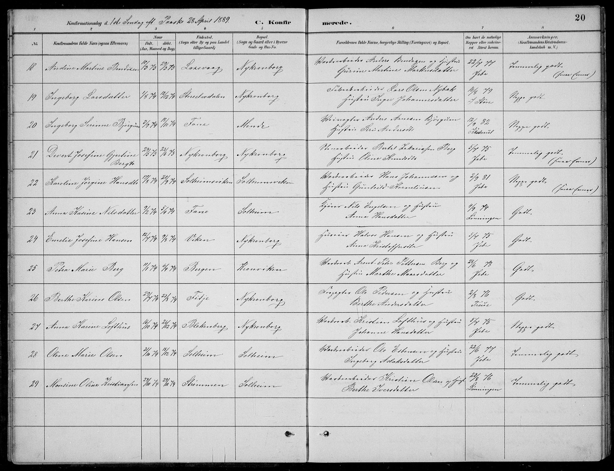 Årstad Sokneprestembete, SAB/A-79301/H/Hab/L0011: Parish register (copy) no. B 1, 1886-1901, p. 20