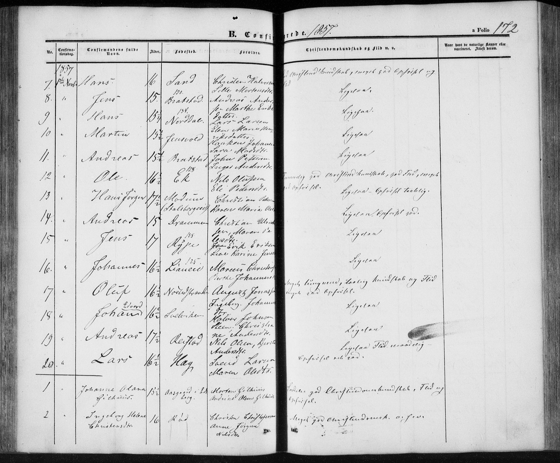 Lier kirkebøker, SAKO/A-230/F/Fa/L0012: Parish register (official) no. I 12, 1854-1864, p. 172