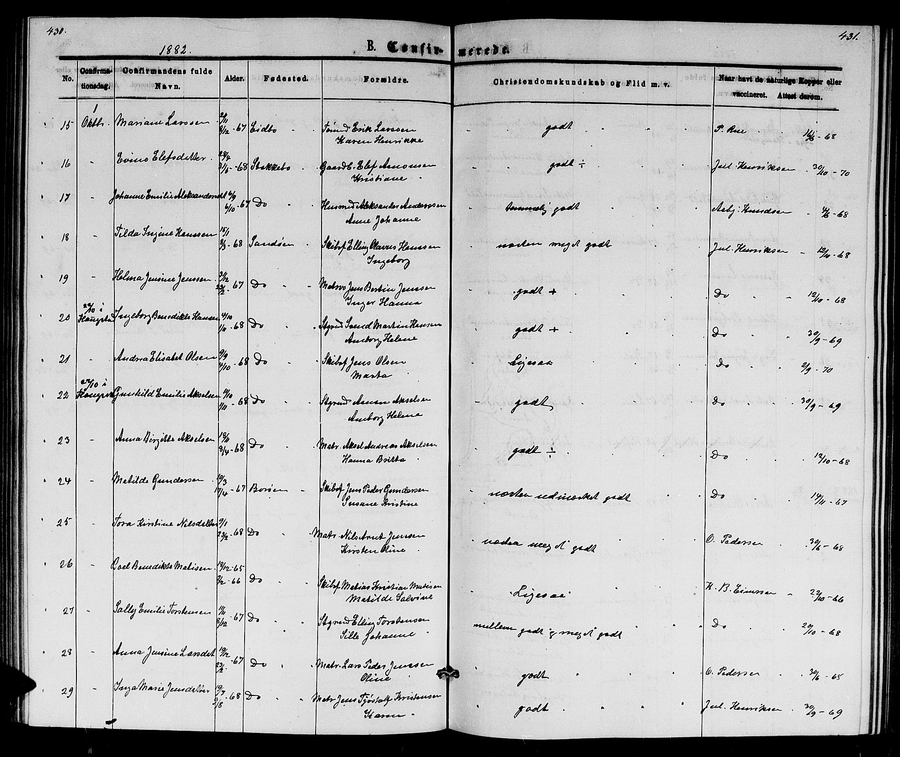 Dypvåg sokneprestkontor, AV/SAK-1111-0007/F/Fb/Fba/L0012: Parish register (copy) no. B 12, 1872-1886, p. 430-431