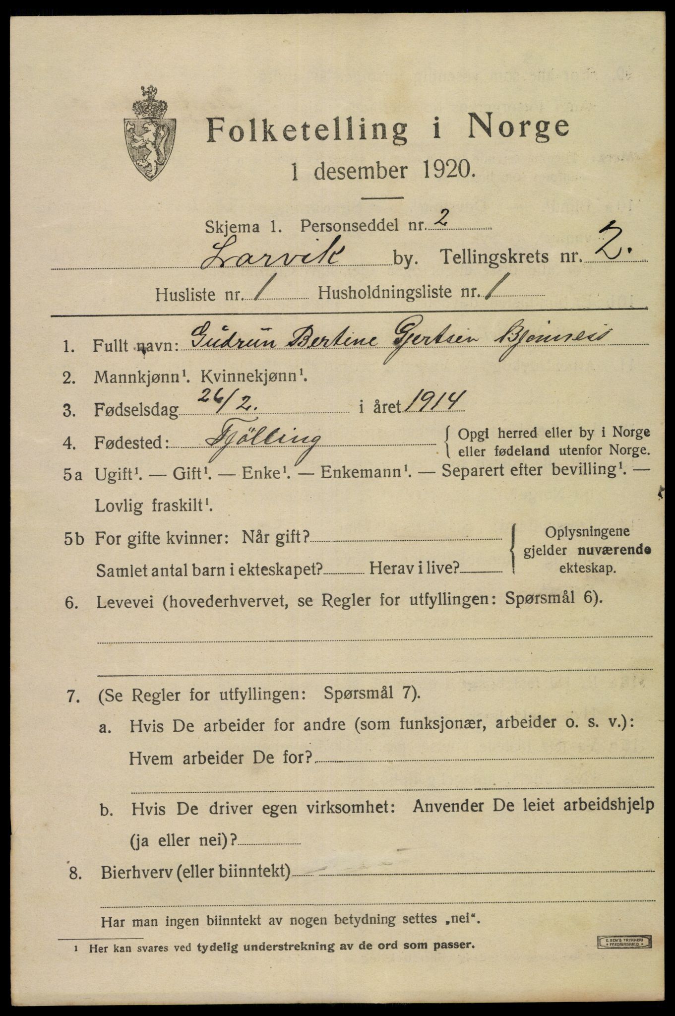 SAKO, 1920 census for Larvik, 1920, p. 10326