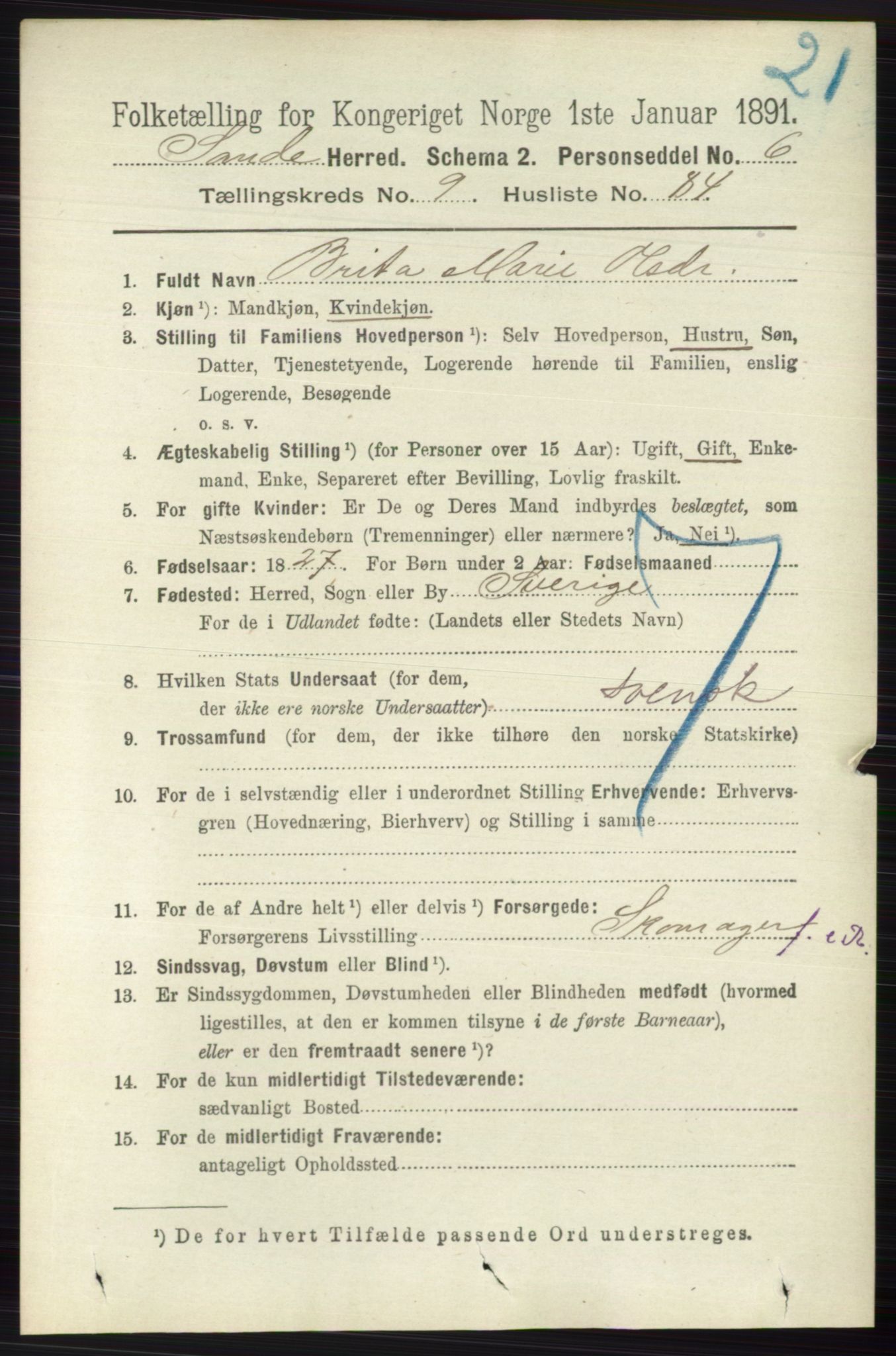 RA, 1891 census for 0713 Sande, 1891, p. 4479