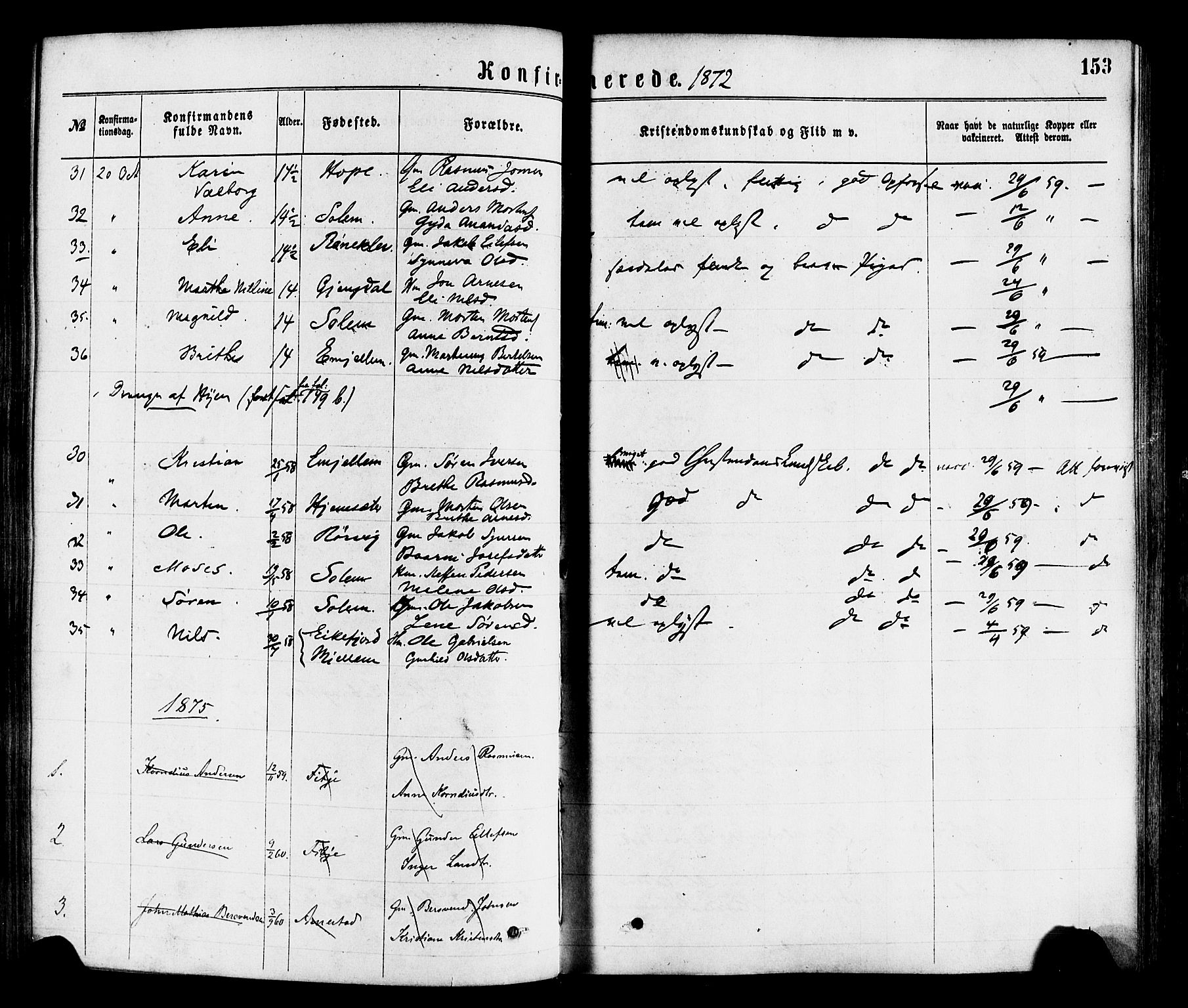 Gloppen sokneprestembete, AV/SAB-A-80101/H/Haa/Haaa/L0010: Parish register (official) no. A 10, 1871-1884, p. 153