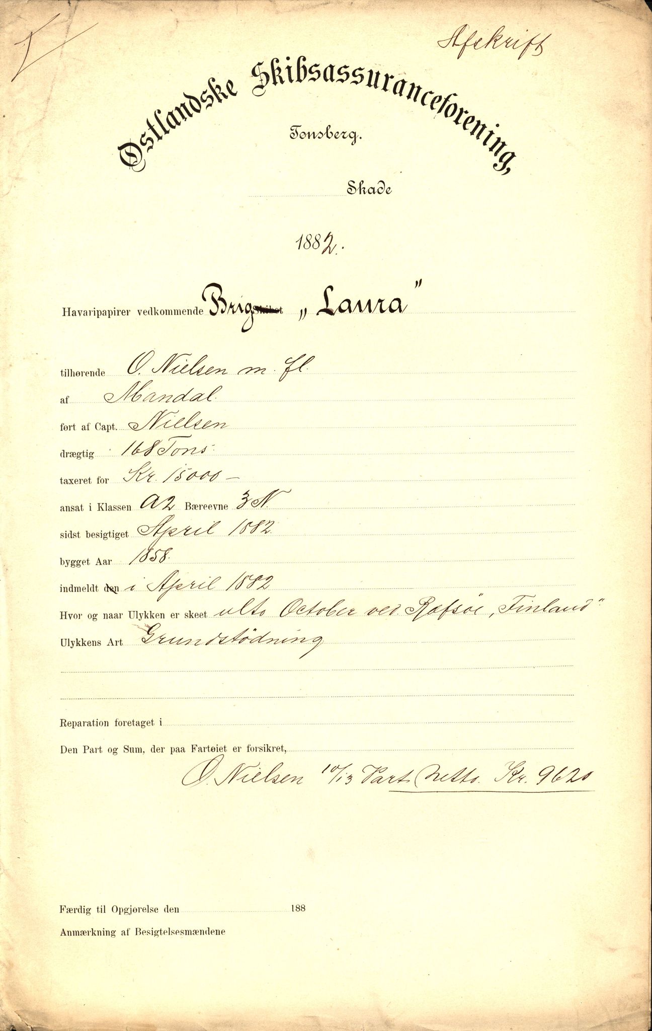 Pa 63 - Østlandske skibsassuranceforening, VEMU/A-1079/G/Ga/L0015/0001: Havaridokumenter / Borrestad, BertHA Rød, Lainetar, Laura, 1882, p. 32