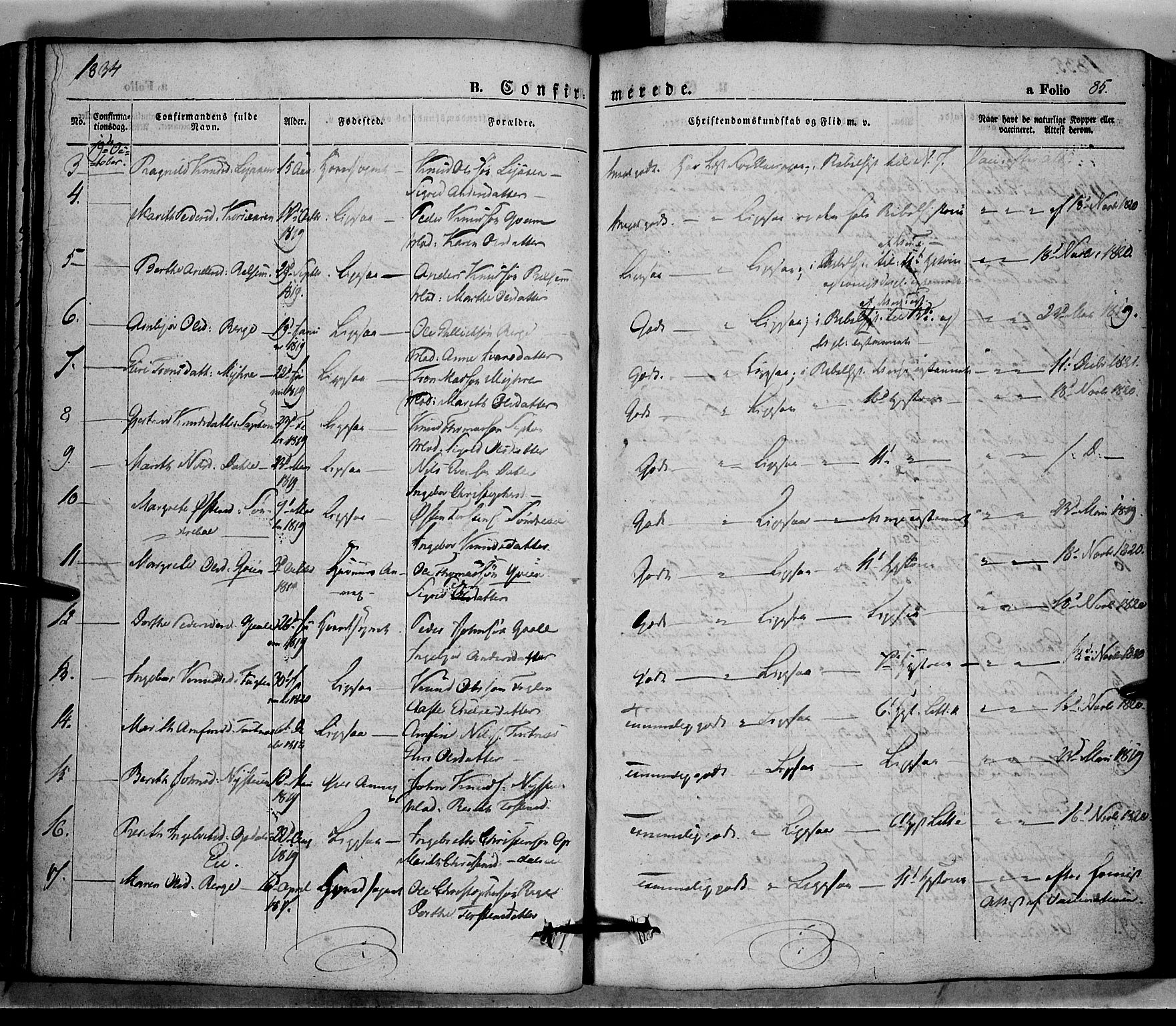 Vang prestekontor, Valdres, SAH/PREST-140/H/Ha/L0005: Parish register (official) no. 5, 1831-1845, p. 85