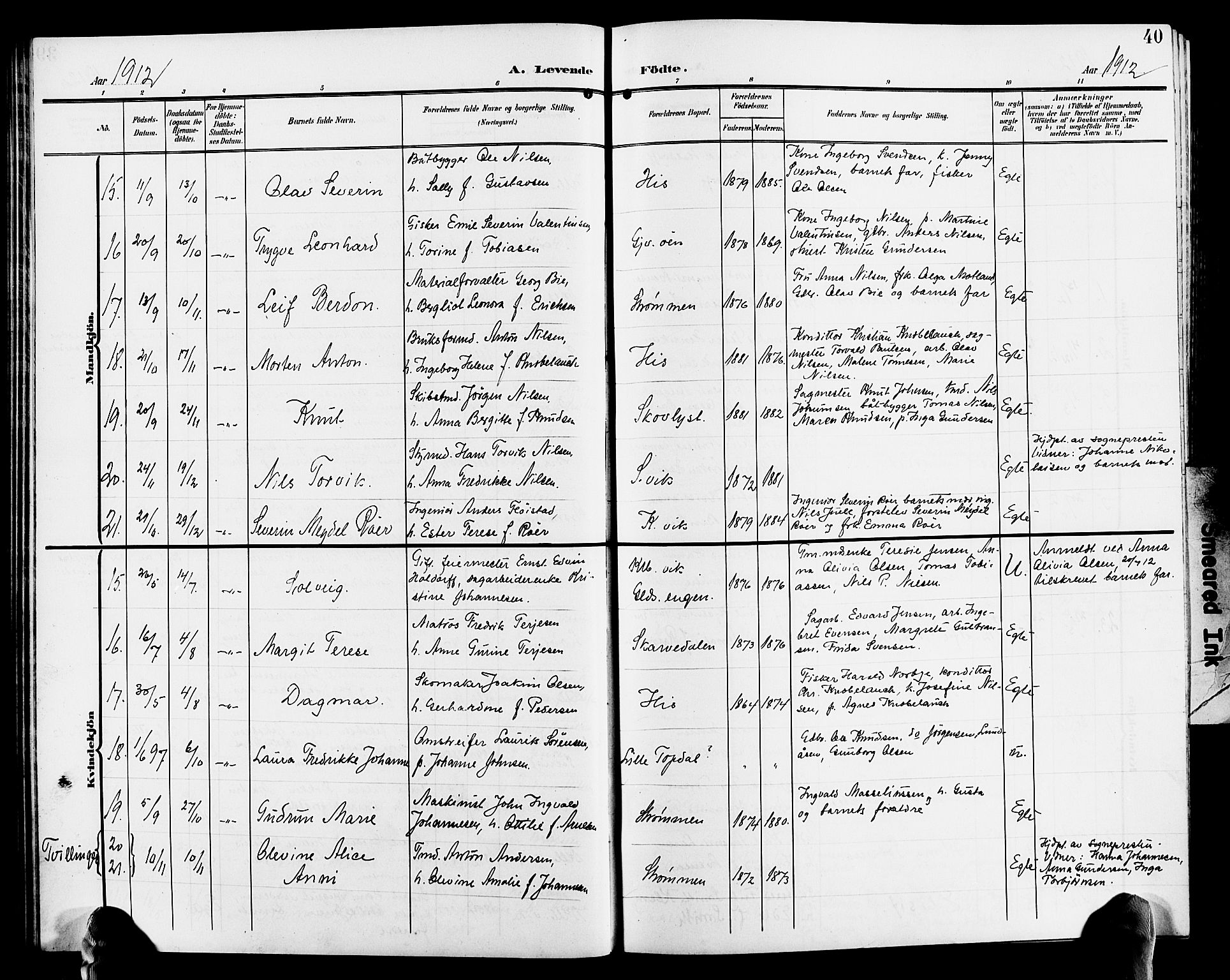 Hisøy sokneprestkontor, AV/SAK-1111-0020/F/Fb/L0004: Parish register (copy) no. B 4, 1905-1923, p. 40