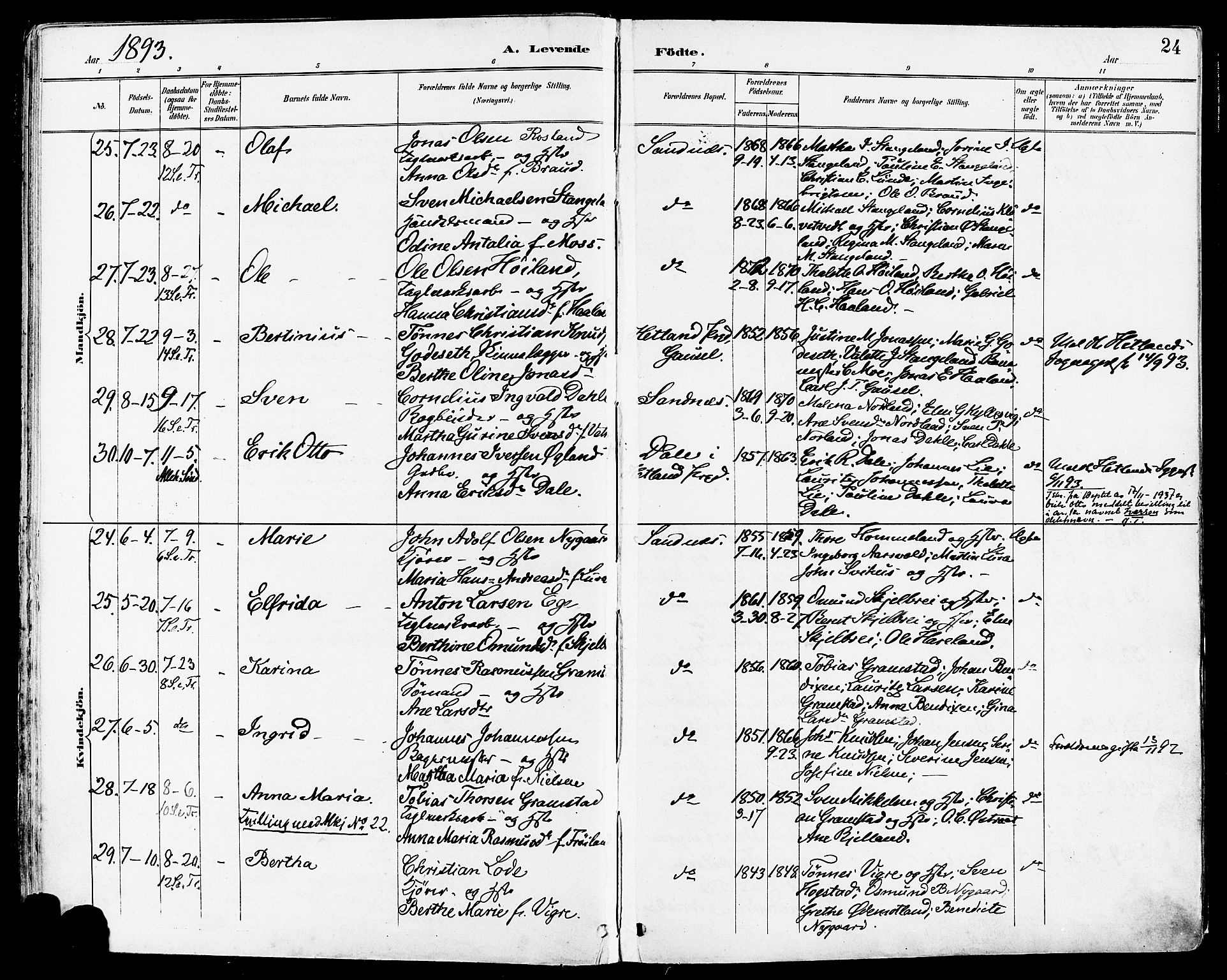 Høyland sokneprestkontor, AV/SAST-A-101799/001/30BA/L0014: Parish register (official) no. A 12, 1890-1898, p. 24