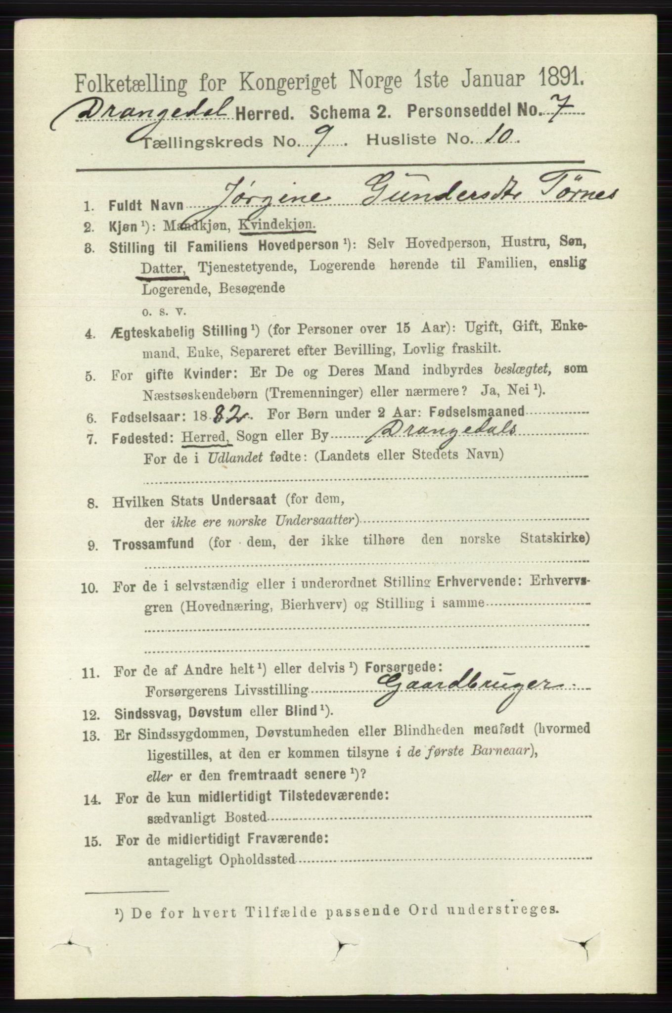 RA, 1891 census for 0817 Drangedal, 1891, p. 3184