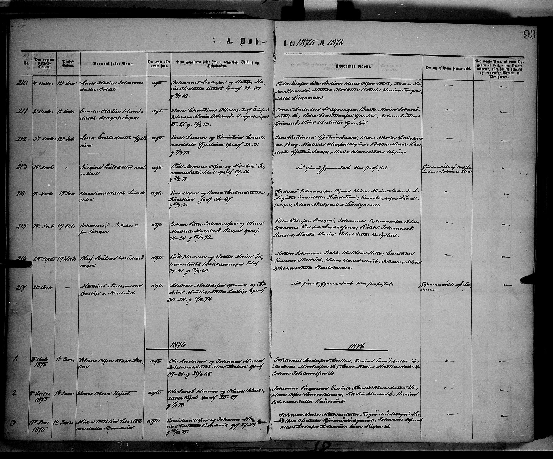 Vestre Toten prestekontor, SAH/PREST-108/H/Ha/Haa/L0008: Parish register (official) no. 8, 1870-1877, p. 93