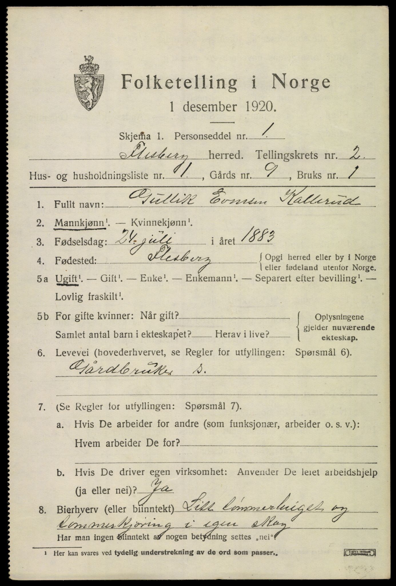 SAKO, 1920 census for Flesberg, 1920, p. 1281