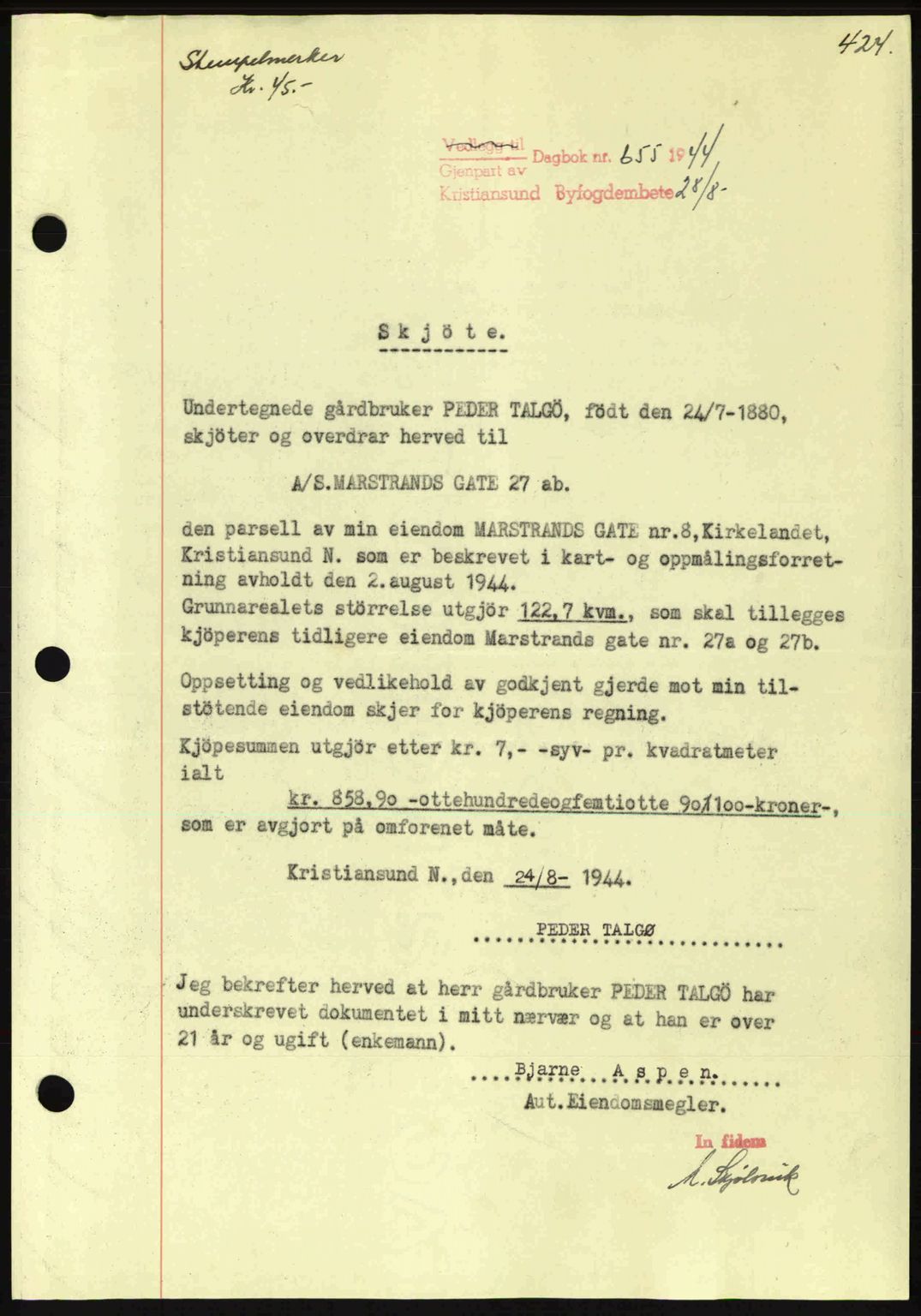 Kristiansund byfogd, AV/SAT-A-4587/A/27: Mortgage book no. 34, 1941-1945, Diary no: : 655/1944