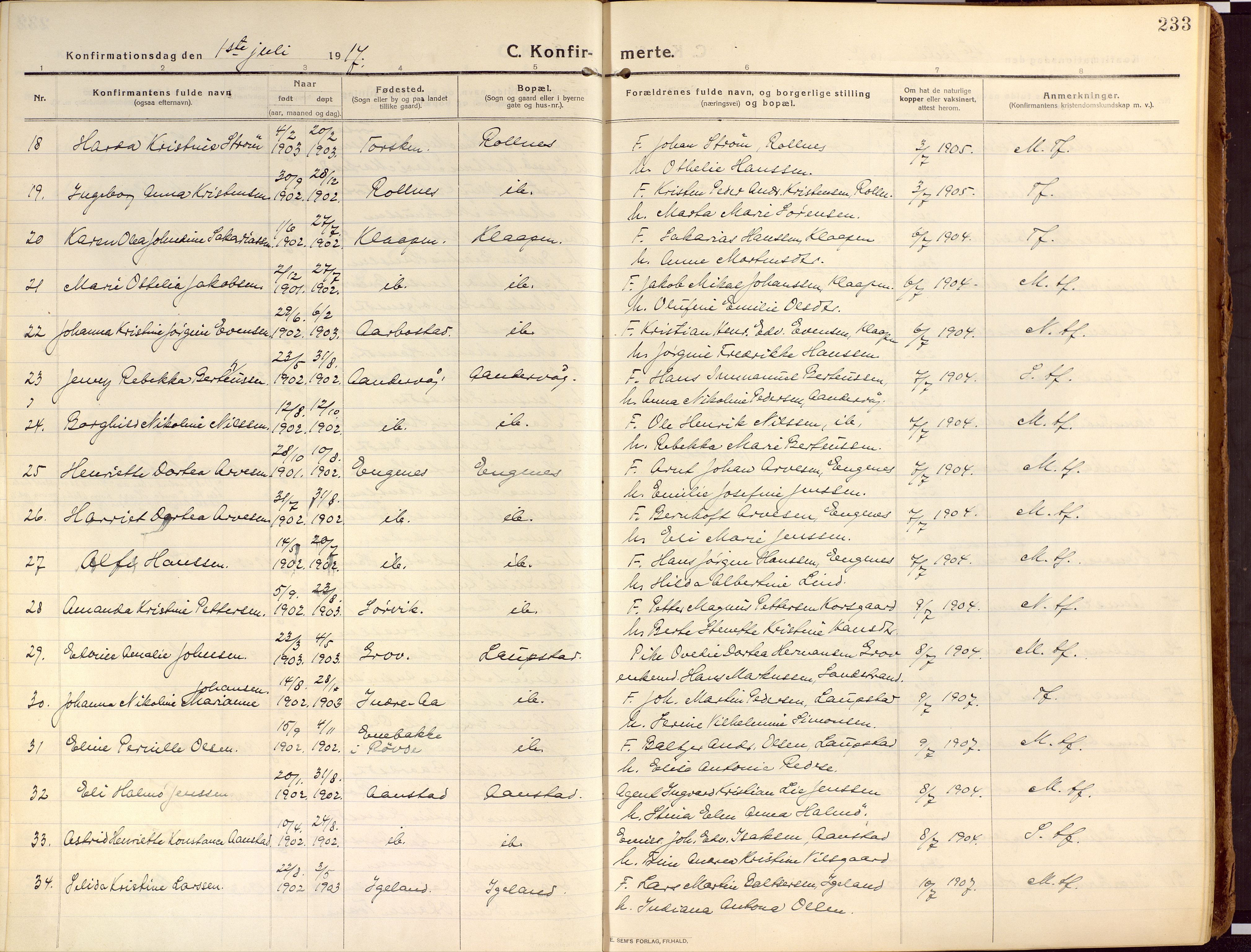 Ibestad sokneprestembete, SATØ/S-0077/H/Ha/Haa/L0018kirke: Parish register (official) no. 18, 1915-1929, p. 233