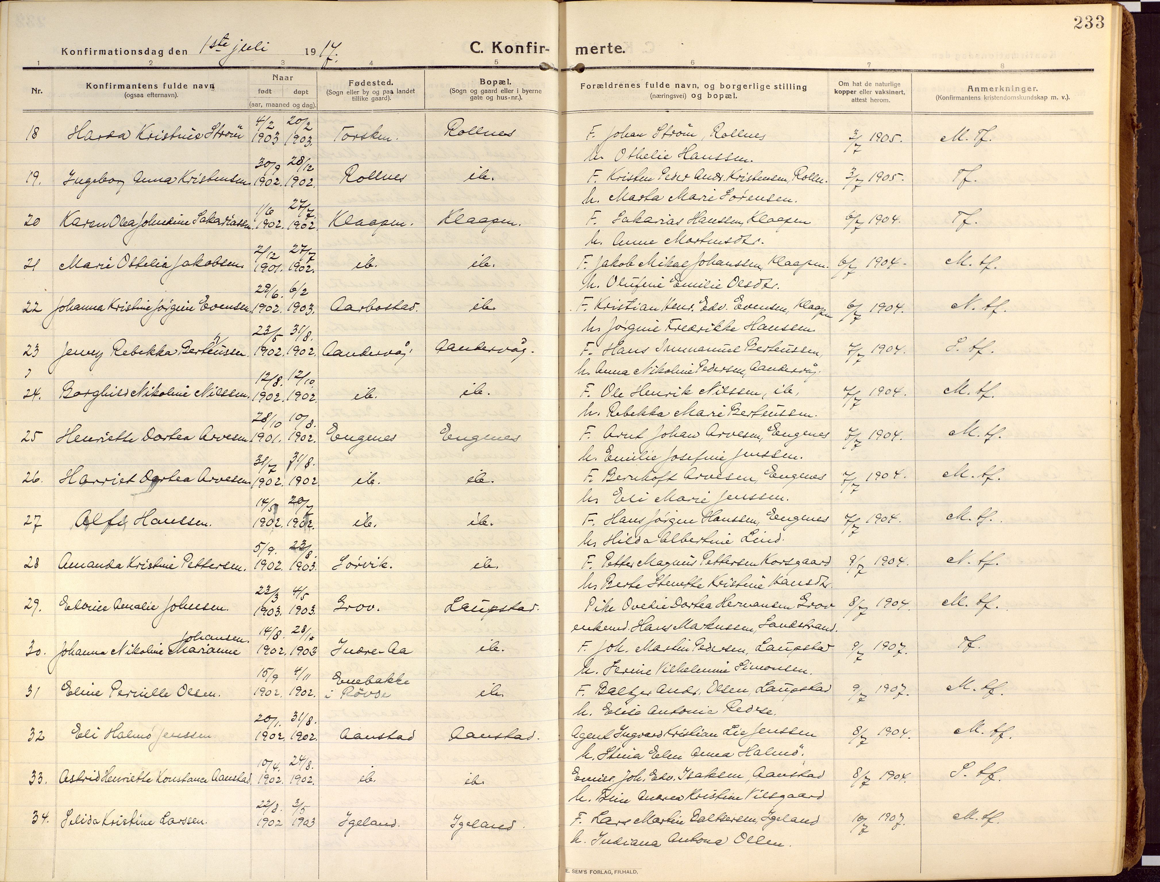 Ibestad sokneprestembete, AV/SATØ-S-0077/H/Ha/Haa/L0018kirke: Parish register (official) no. 18, 1915-1929, p. 233