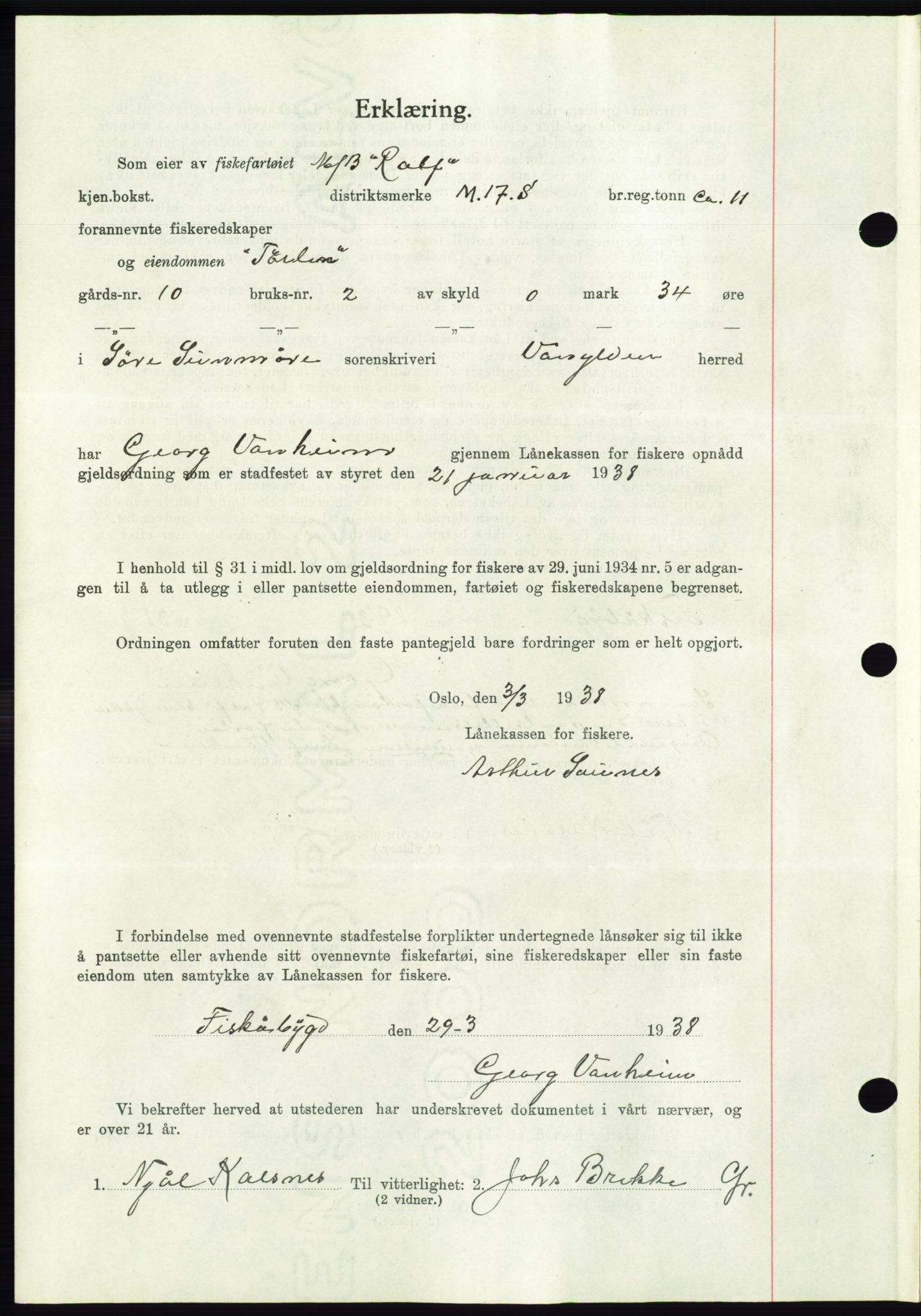 Søre Sunnmøre sorenskriveri, AV/SAT-A-4122/1/2/2C/L0065: Mortgage book no. 59, 1938-1938, Diary no: : 425/1938