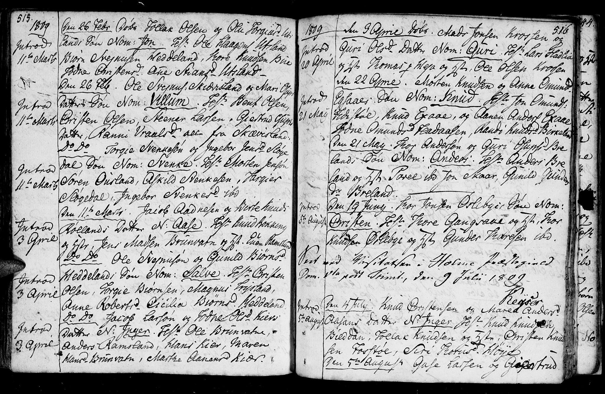 Holum sokneprestkontor, AV/SAK-1111-0022/F/Fa/Fac/L0001: Parish register (official) no. A 1, 1773-1820, p. 515-516