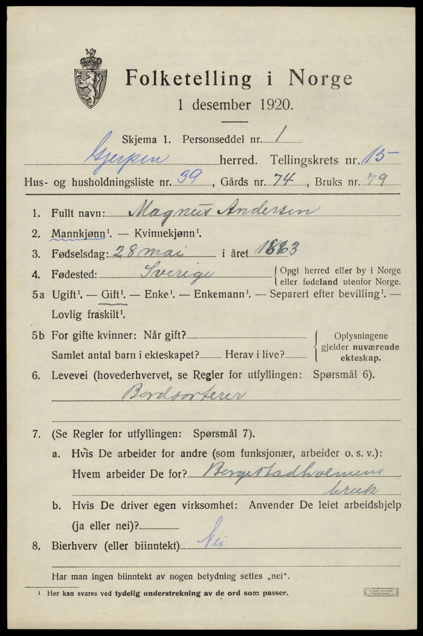 SAKO, 1920 census for Gjerpen, 1920, p. 17708