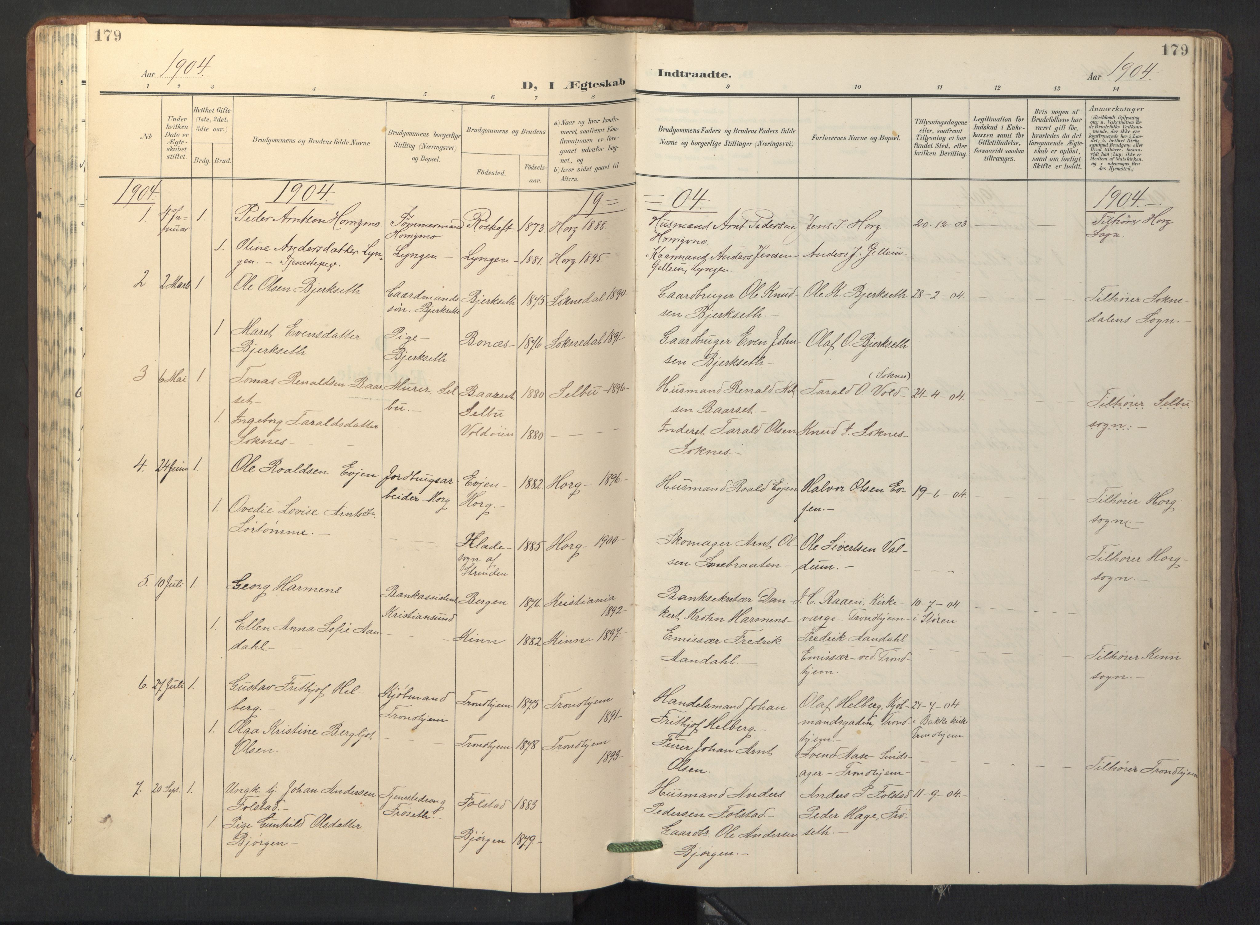 Ministerialprotokoller, klokkerbøker og fødselsregistre - Sør-Trøndelag, SAT/A-1456/687/L1019: Parish register (copy) no. 687C03, 1904-1931, p. 179