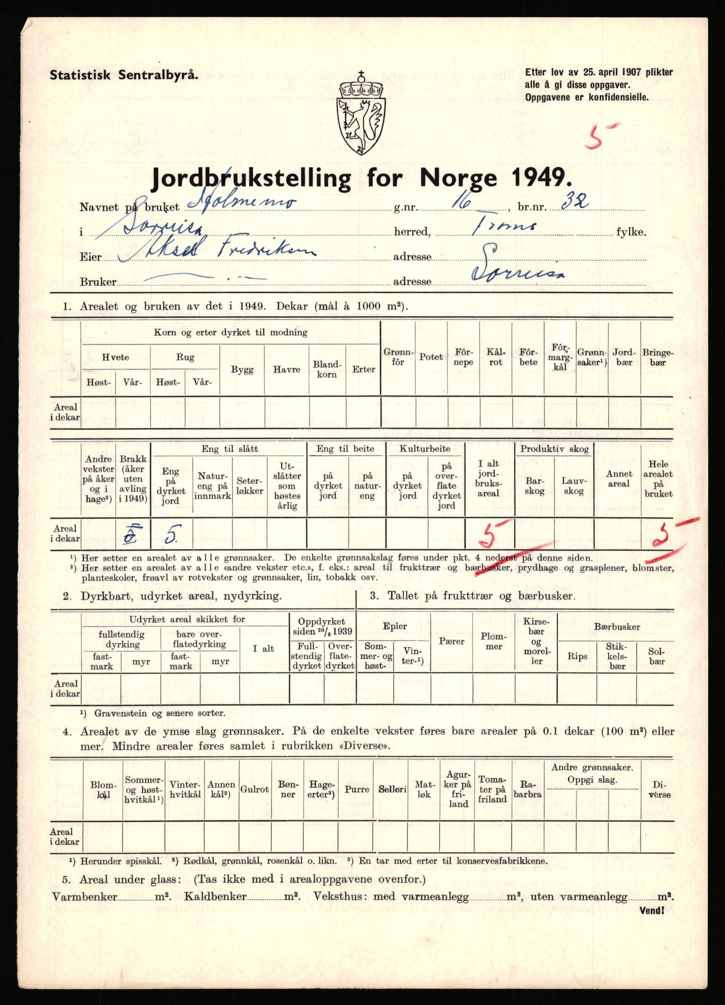 Statistisk sentralbyrå, Næringsøkonomiske emner, Jordbruk, skogbruk, jakt, fiske og fangst, AV/RA-S-2234/G/Gc/L0440: Troms: Sørreisa og Dyrøy, 1949, p. 29
