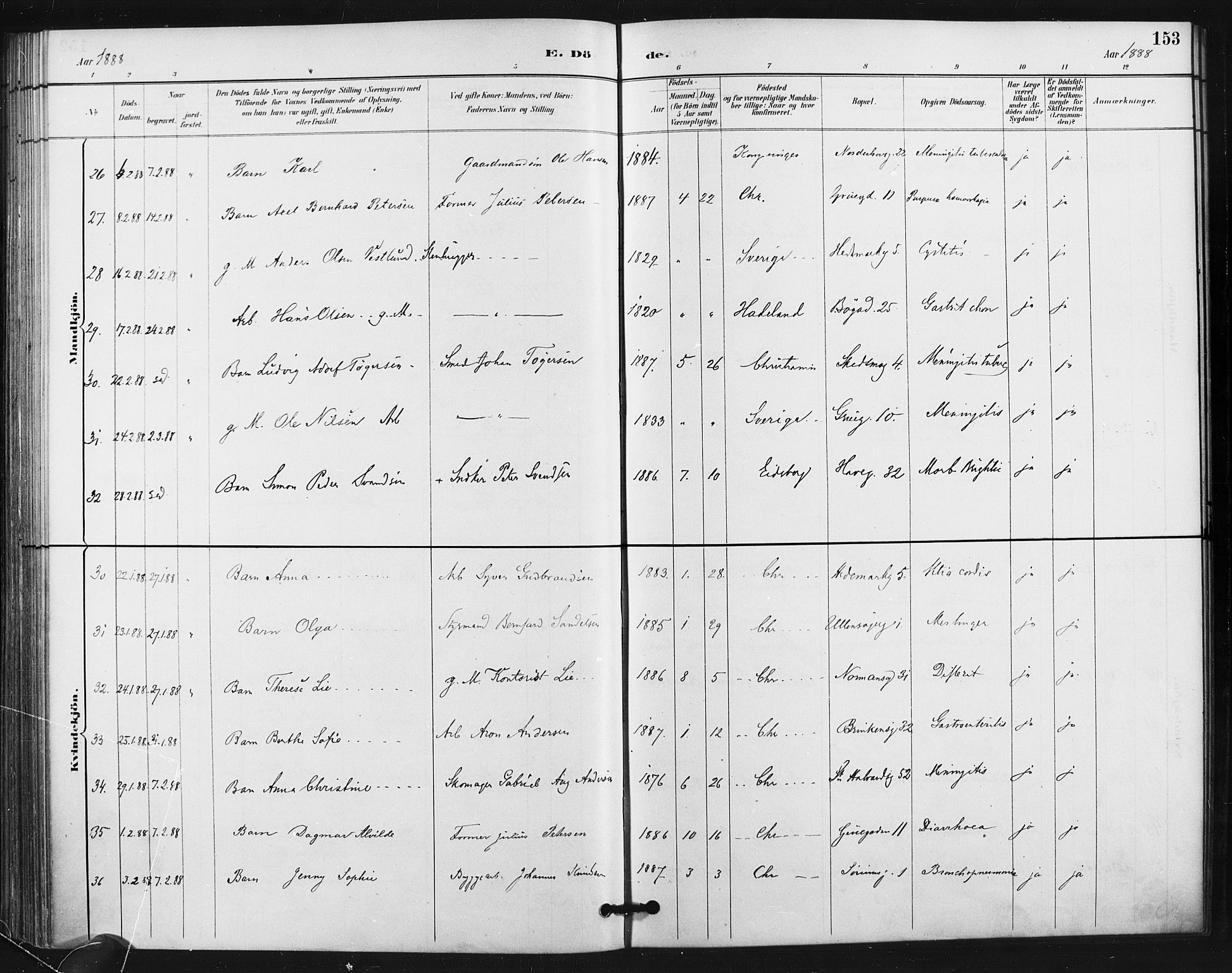 Kampen prestekontor Kirkebøker, AV/SAO-A-10853/F/Fa/L0004: Parish register (official) no. I 4, 1885-1892, p. 153