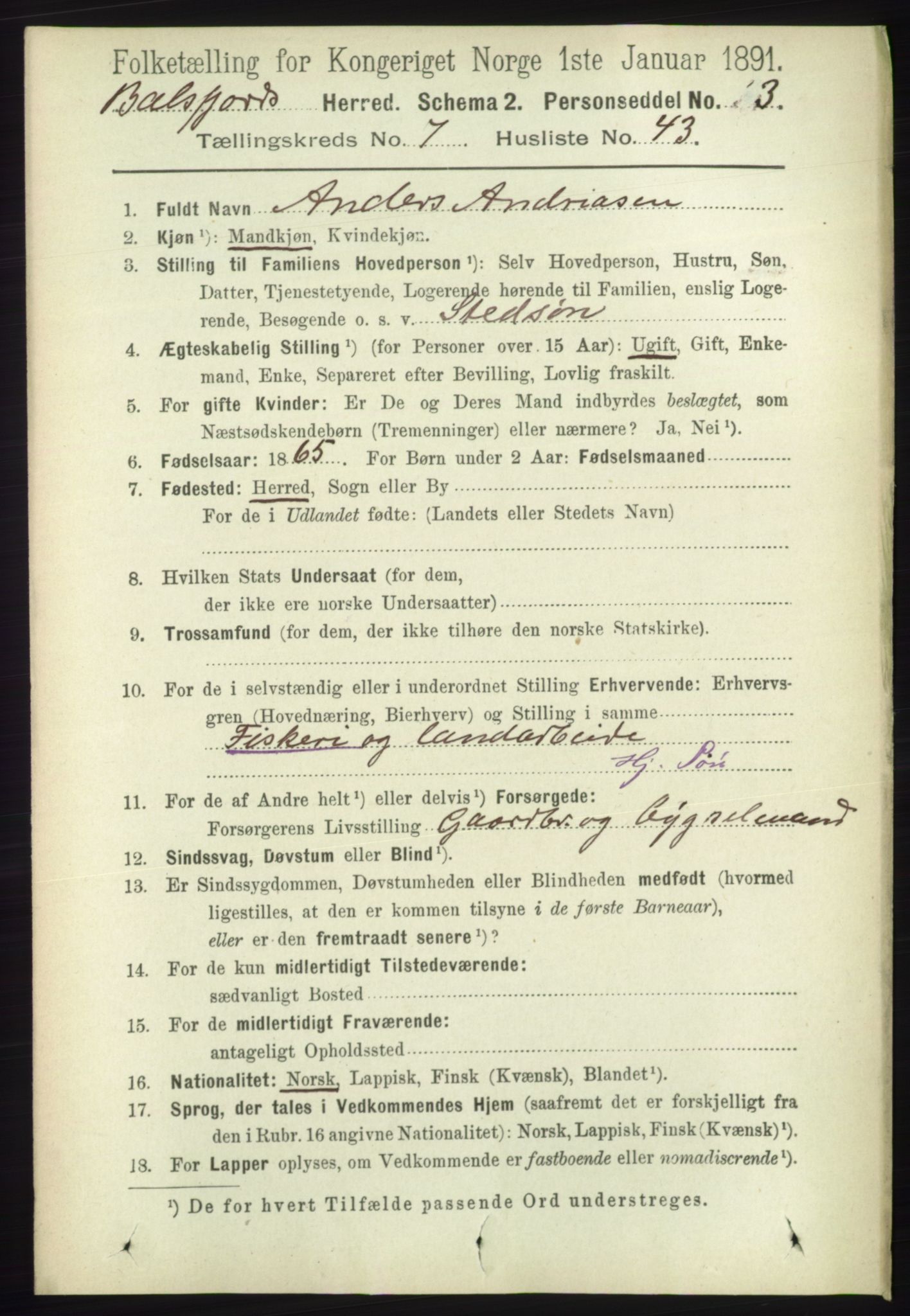 RA, 1891 census for 1933 Balsfjord, 1891, p. 2316