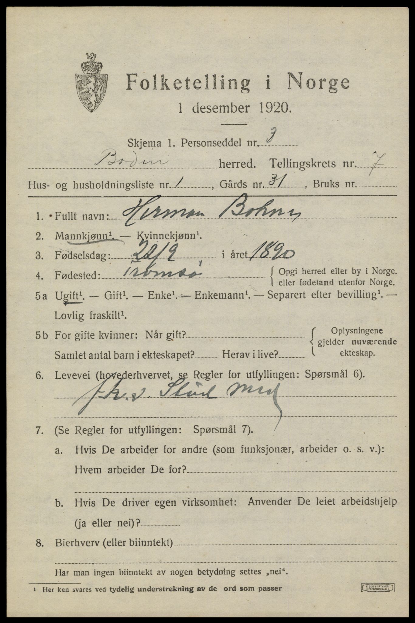 SAT, 1920 census for Bodin, 1920, p. 3964