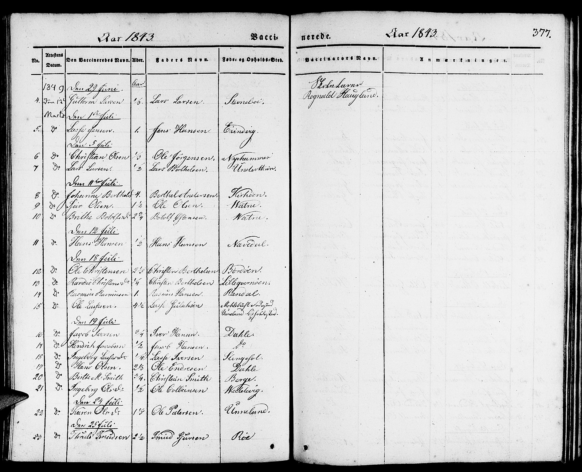 Gulen sokneprestembete, AV/SAB-A-80201/H/Haa/Haaa/L0020: Parish register (official) no. A 20, 1837-1847, p. 377