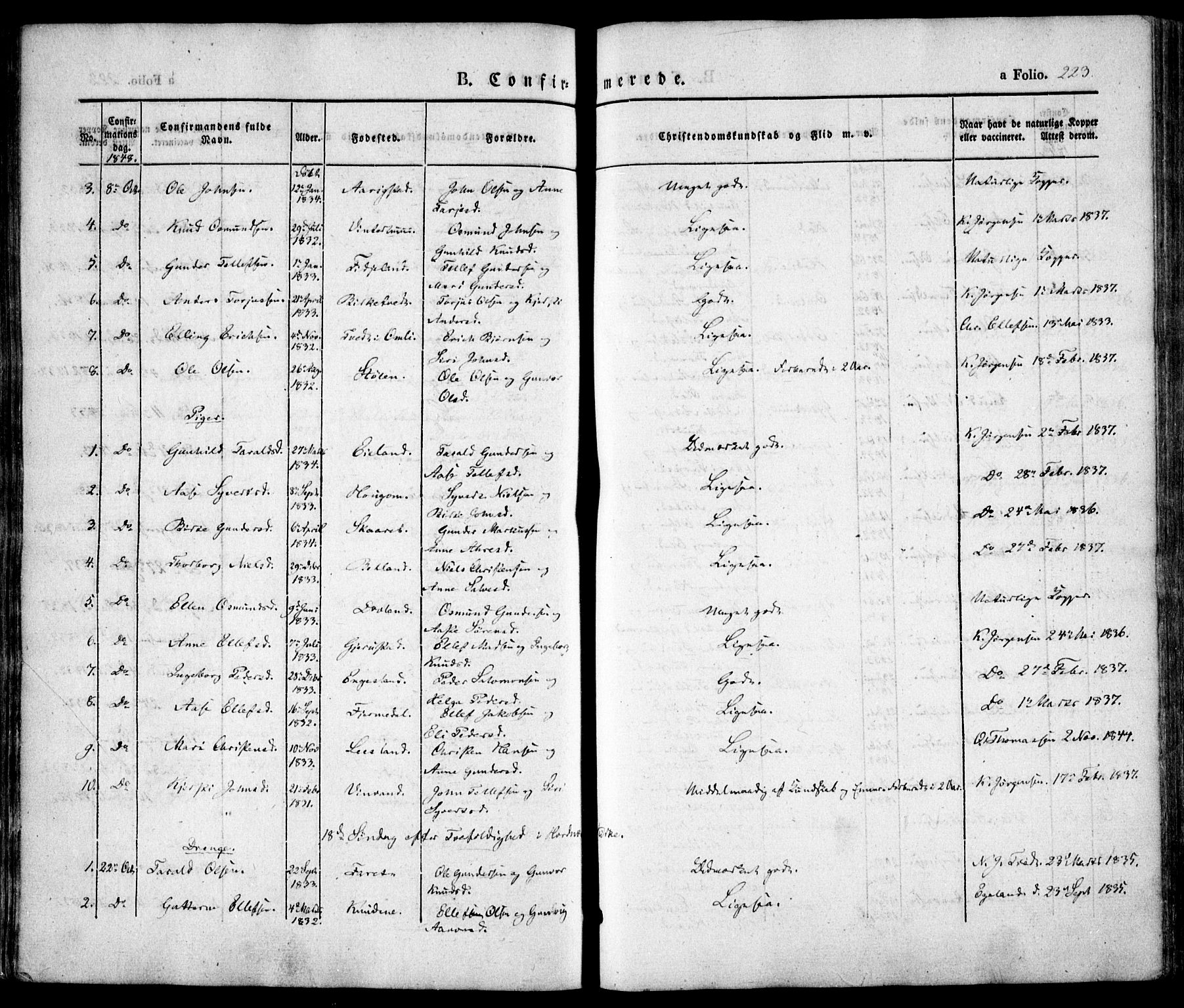 Evje sokneprestkontor, SAK/1111-0008/F/Fa/Faa/L0005: Parish register (official) no. A 5, 1843-1865, p. 223