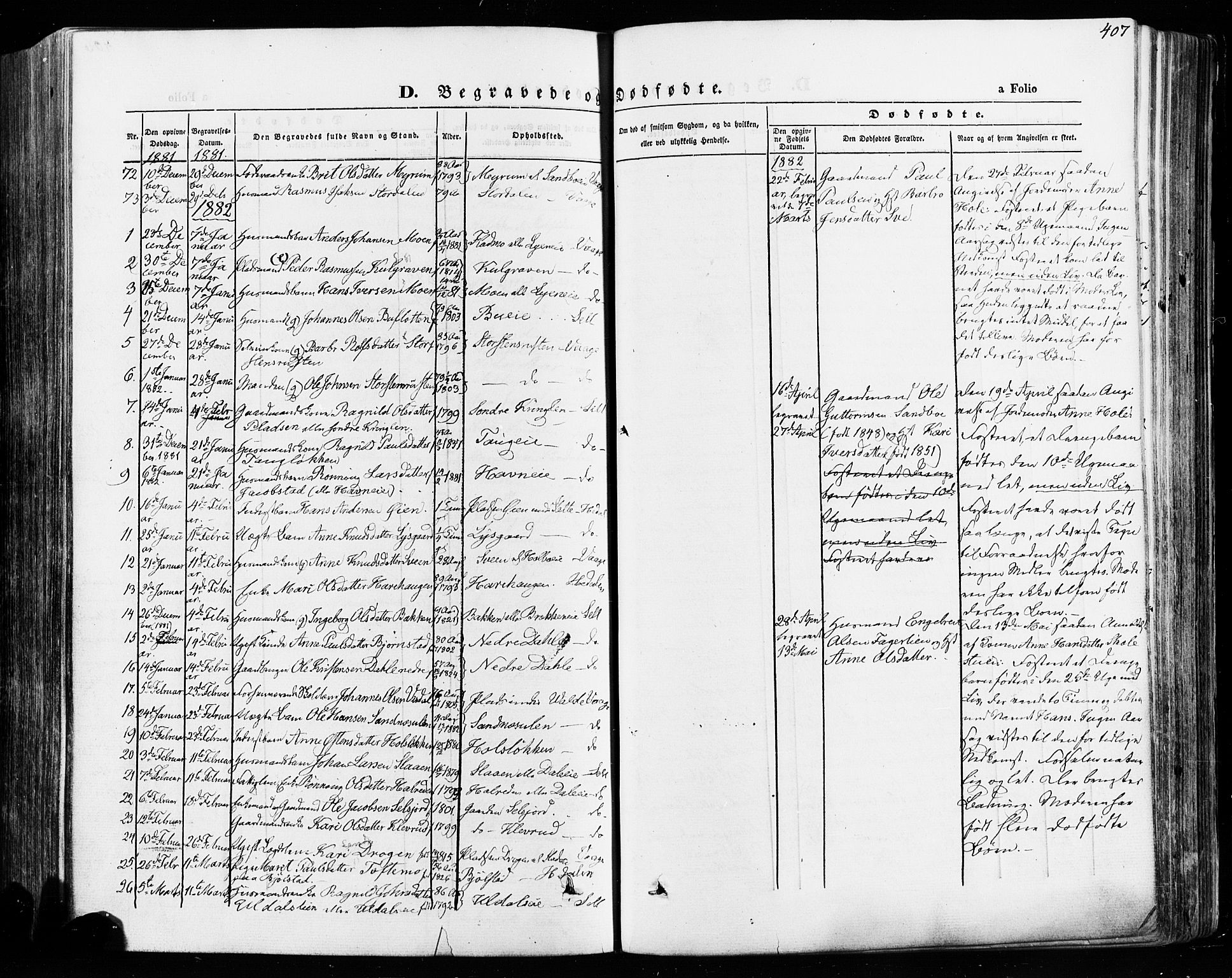 Vågå prestekontor, SAH/PREST-076/H/Ha/Haa/L0007: Parish register (official) no. 7 /1, 1872-1886, p. 407
